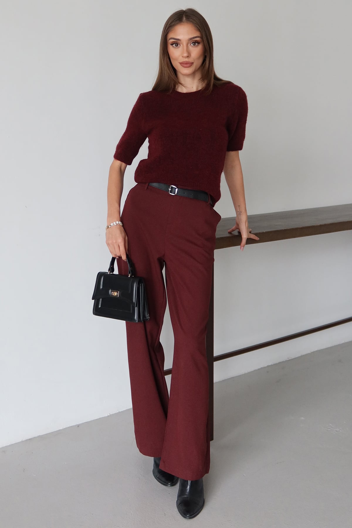 Kadın BORDO Kemerli Çift Cepli Palazzo Pantolon VS01484