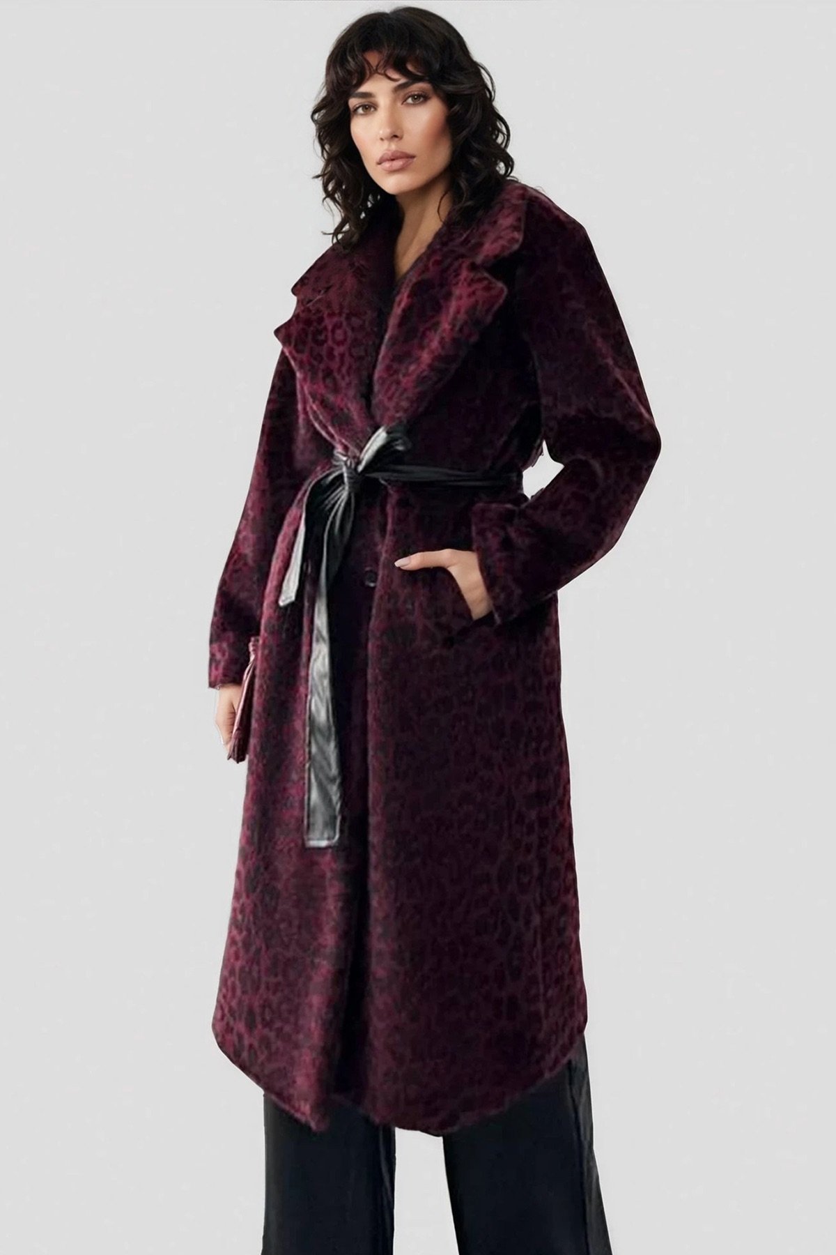 Kadın Bordo Leopar Desenli Kürük Kaban Alc-X15033