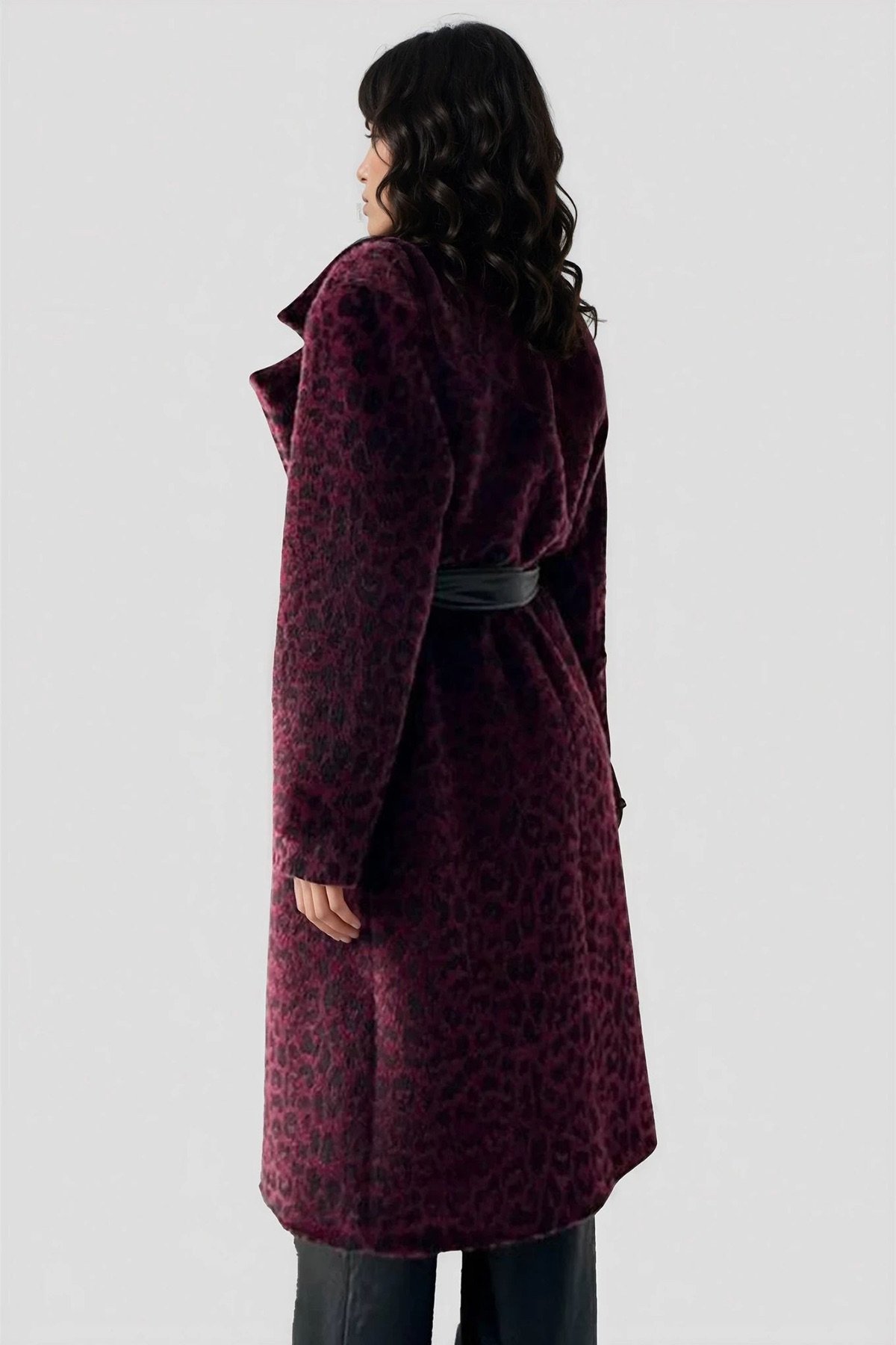 Kadın Bordo Leopar Desenli Kürük Kaban Alc-X15033