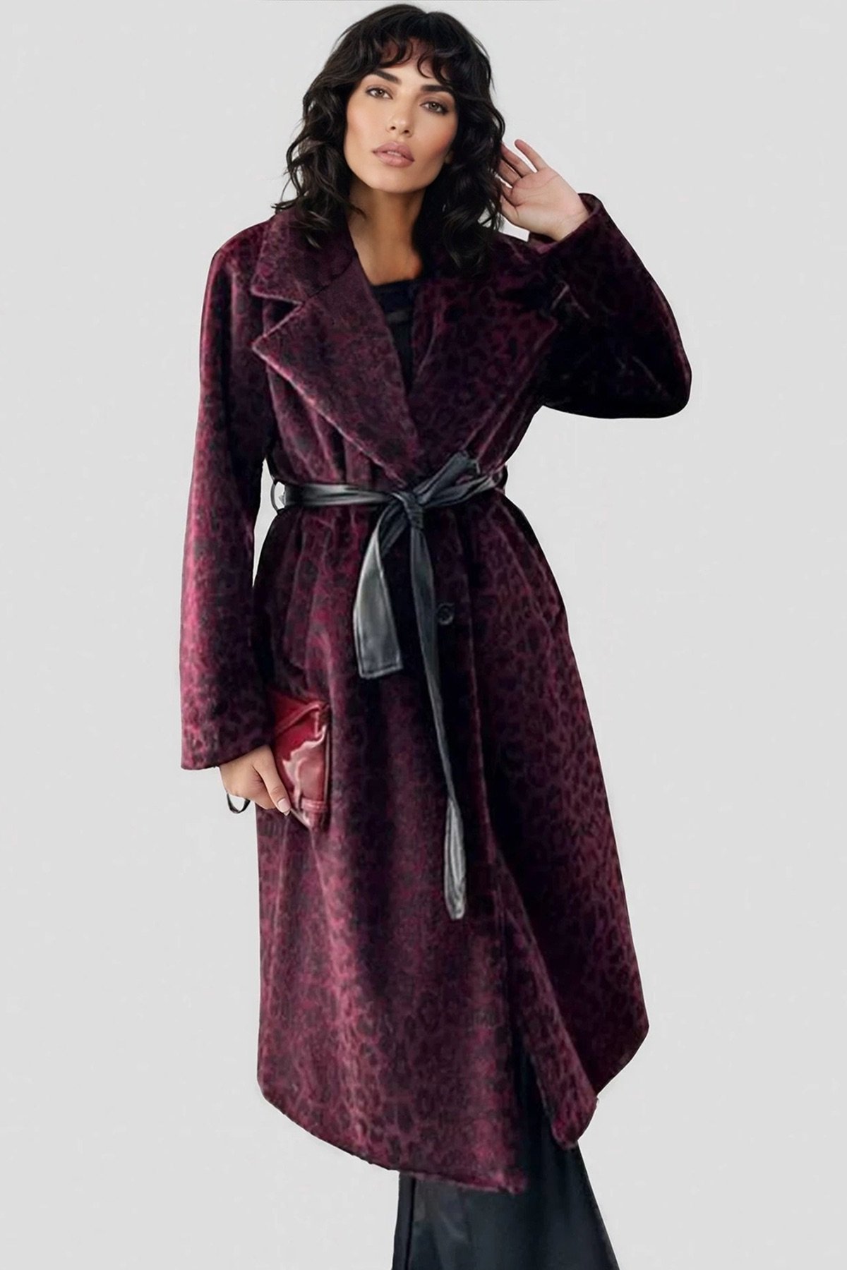 Kadın Bordo Leopar Desenli Kürük Kaban Alc-X15033