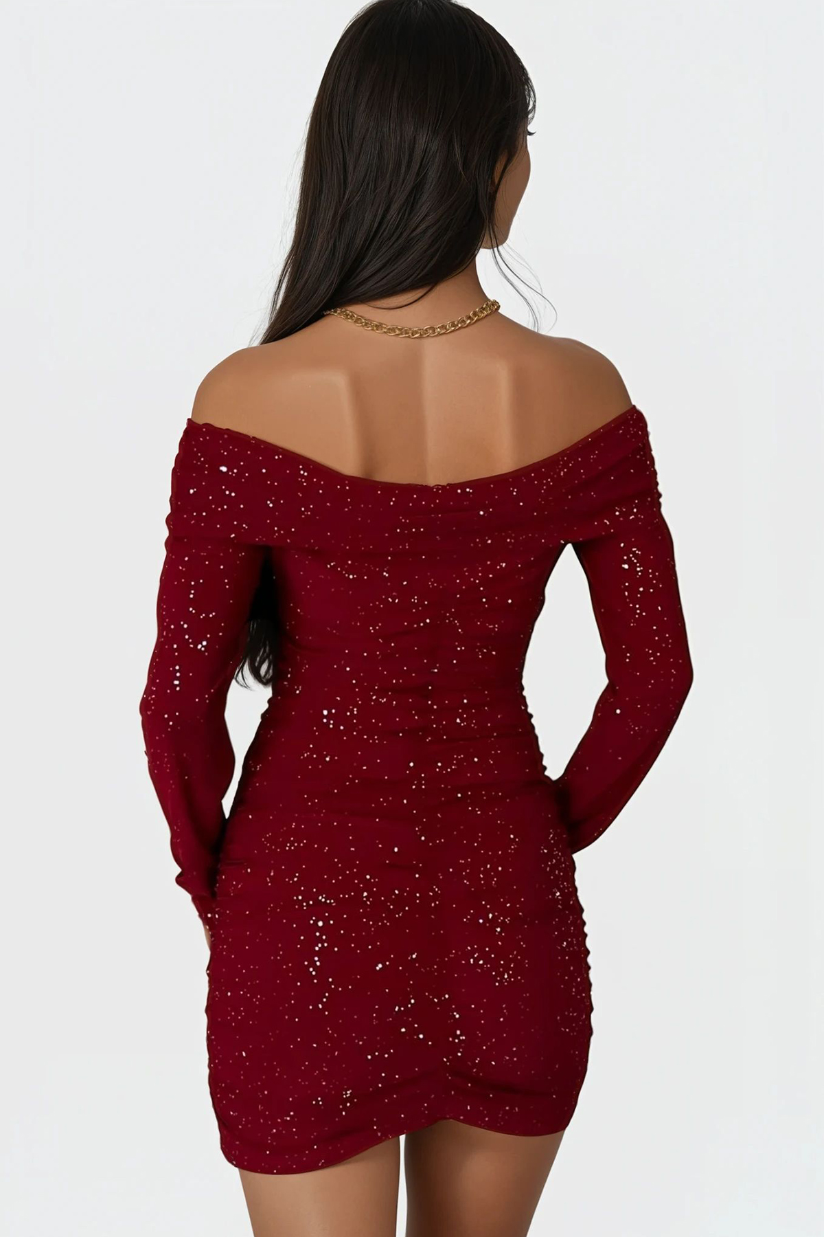 Kadın Bordo Madonna Yaka Simli Mini Elbise Alc-X14829