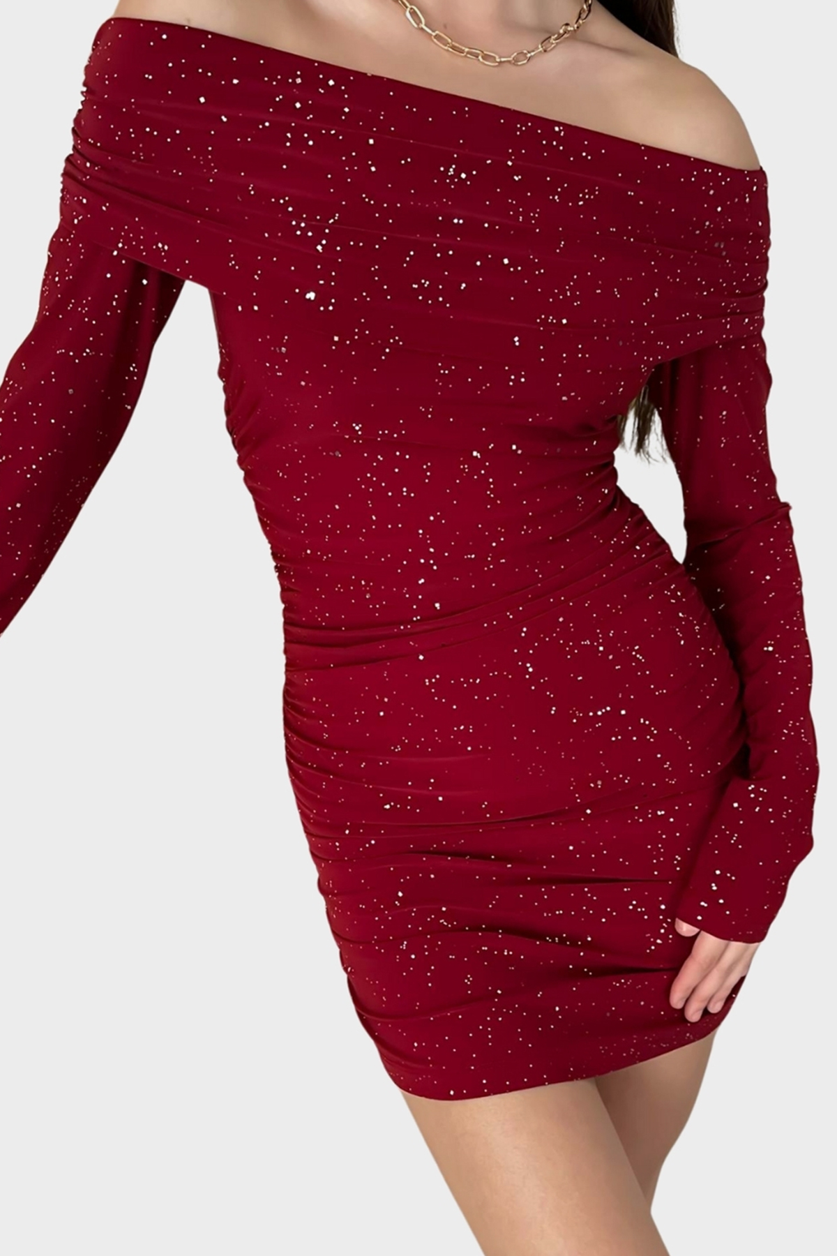Kadın Bordo Madonna Yaka Simli Mini Elbise Alc-X14829