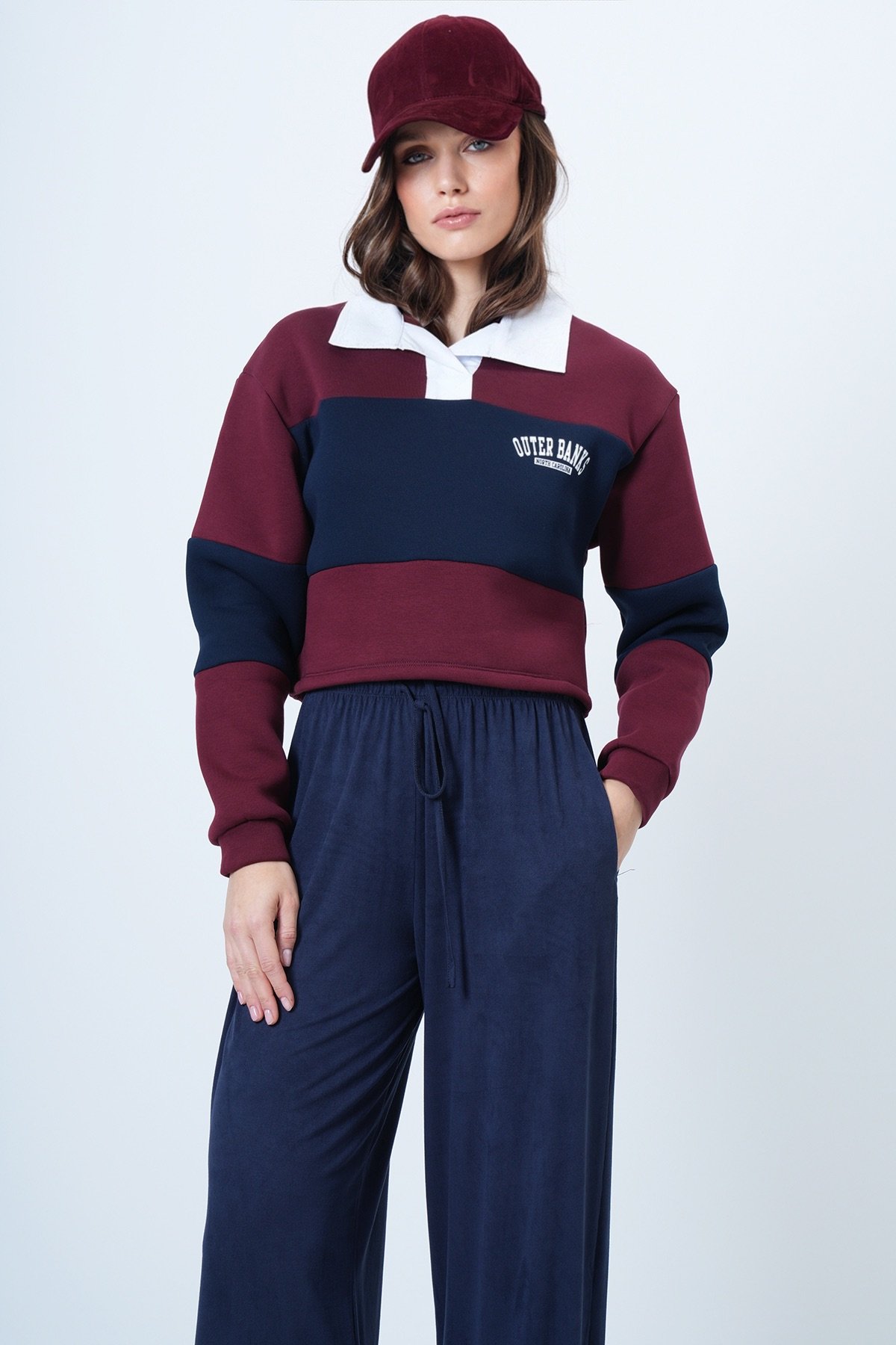 Kadın BORDO Renk Bloklu Polo Yaka Sweatshirt VS01549