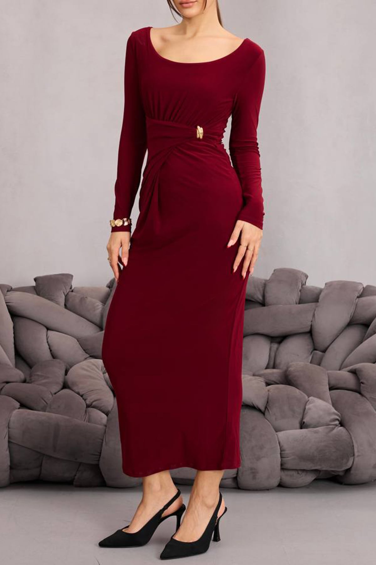 Kadın BORDO Toka Detaylı Drapeli Midi Boy Elbise VS01669