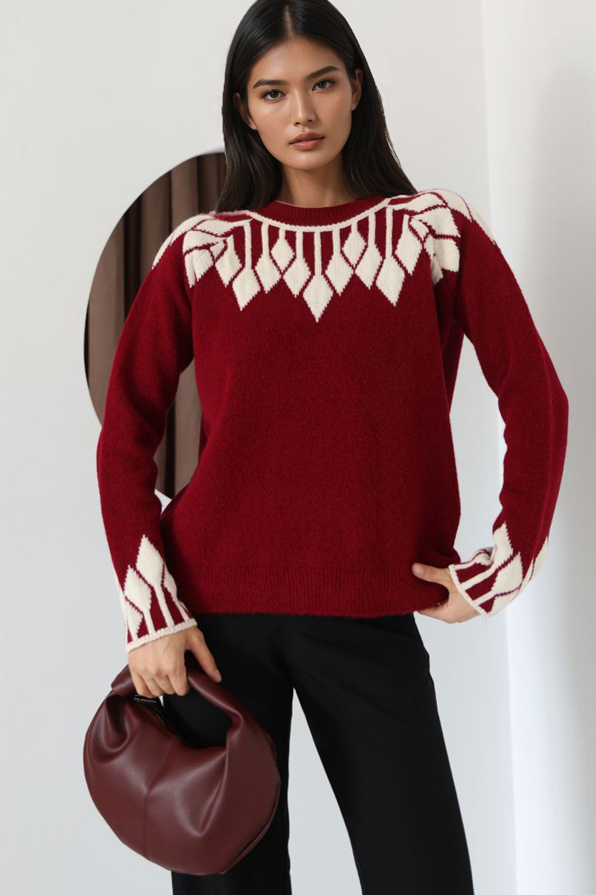 Kadın Bordo Yaka Ve Manşetleri Desenli Triko Kazak Alc-X14747