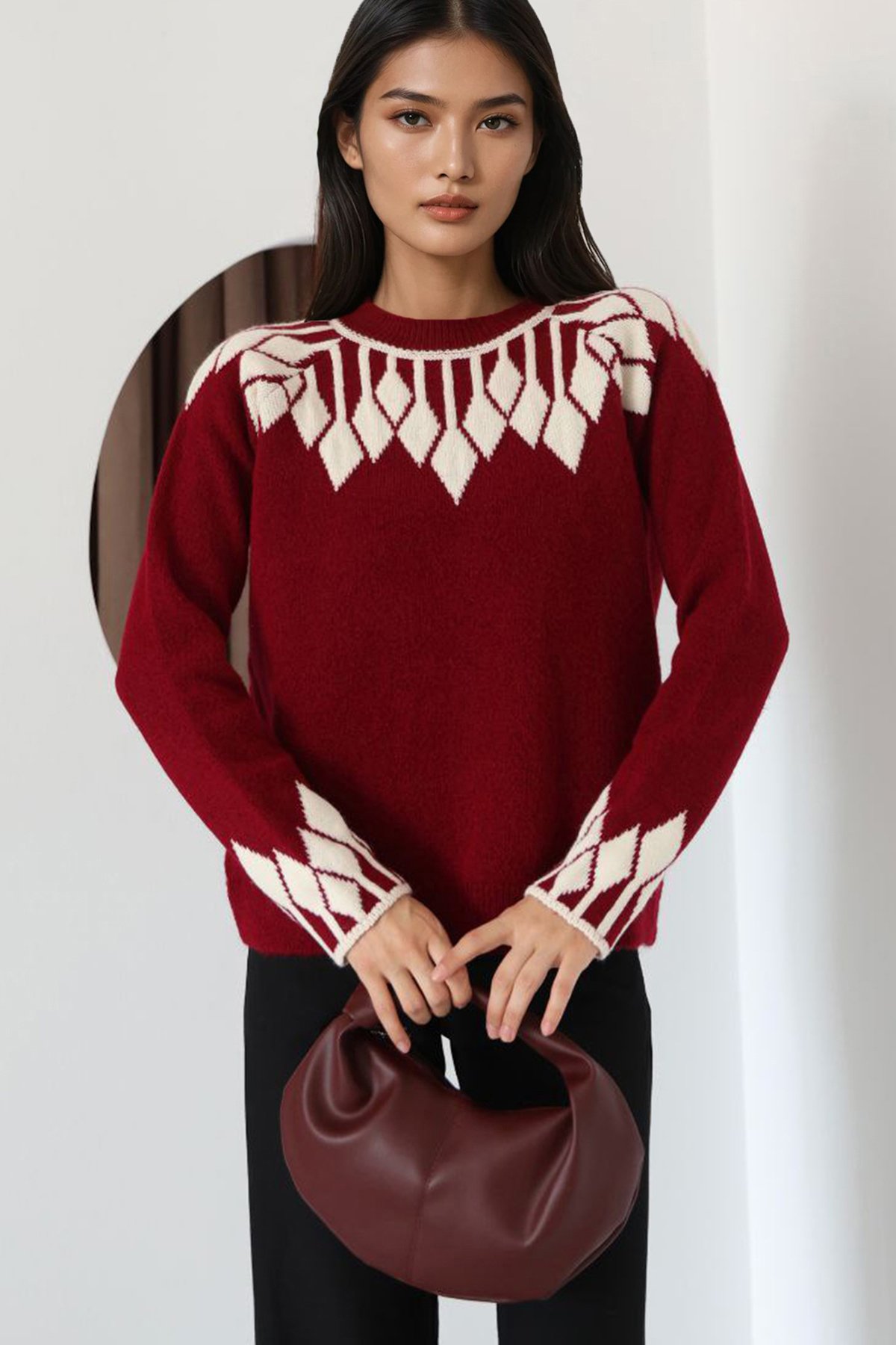 Kadın Bordo Yaka Ve Manşetleri Desenli Triko Kazak Alc-X14747