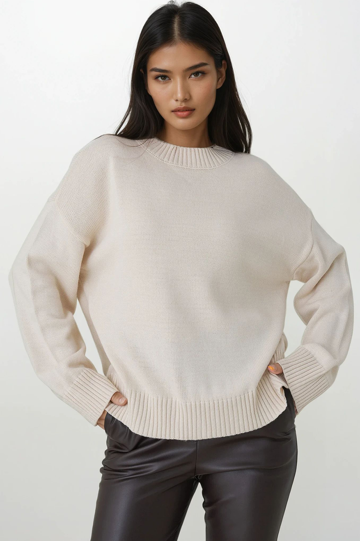 Kadın Ekru Bisiklet Yaka Oversize Triko Kazak Alc-X14901
