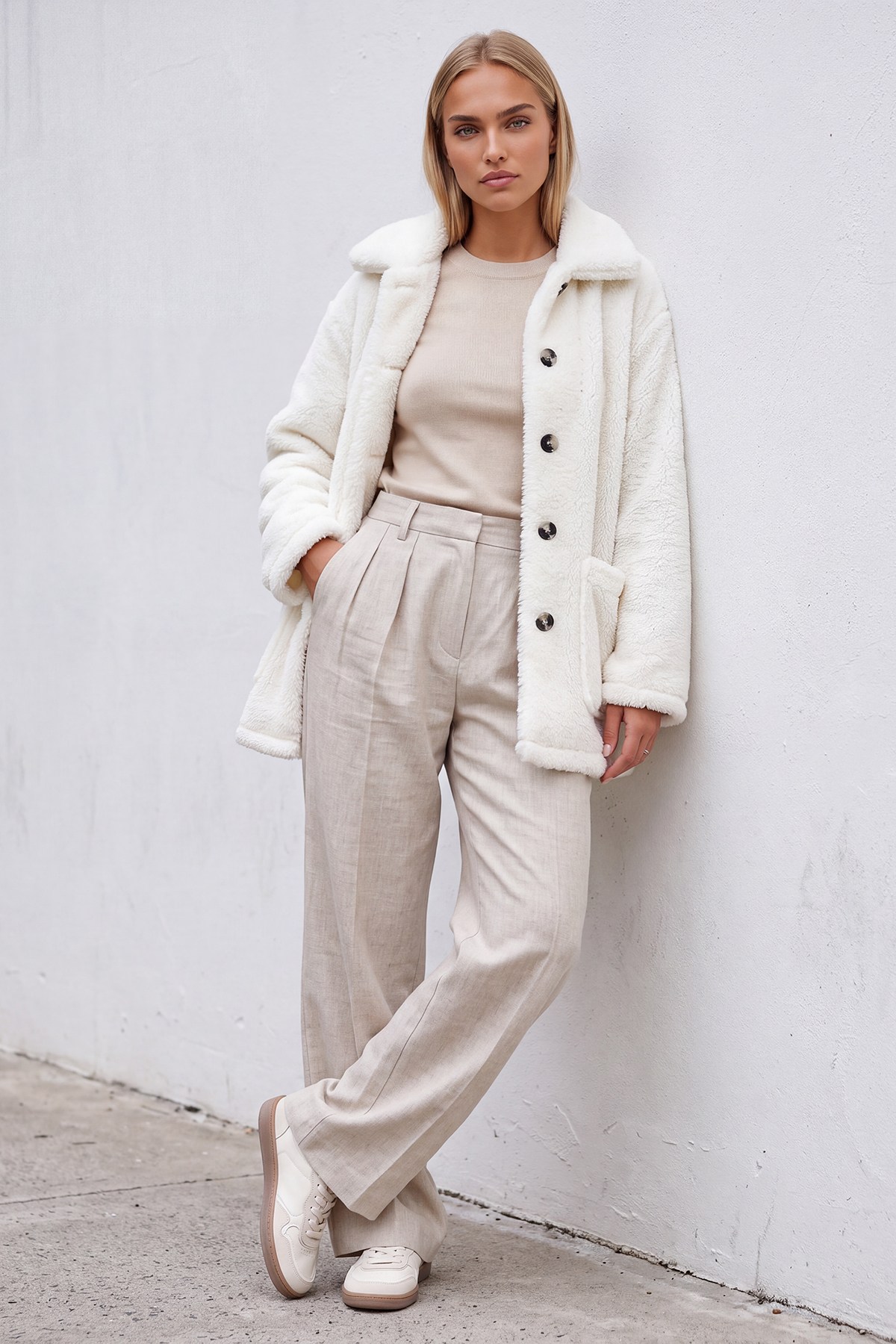 Kadın Ekru Çift Cepli Önü Düğmeli Oversize Peluş Ceket ALC-X11149