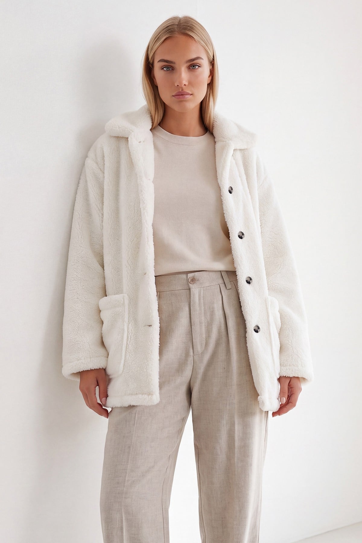 Kadın Ekru Çift Cepli Önü Düğmeli Oversize Peluş Ceket ALC-X11149