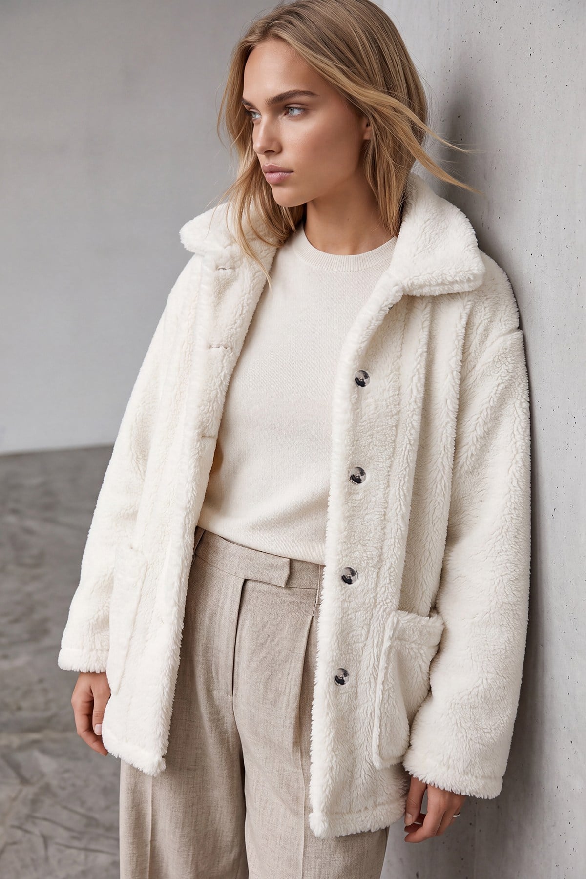 Kadın Ekru Çift Cepli Önü Düğmeli Oversize Peluş Ceket ALC-X11149