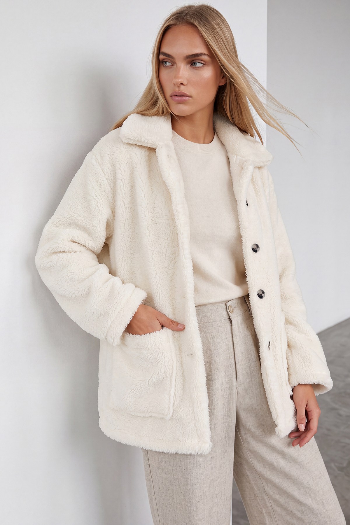 Kadın Ekru Çift Cepli Önü Düğmeli Oversize Peluş Ceket ALC-X11149