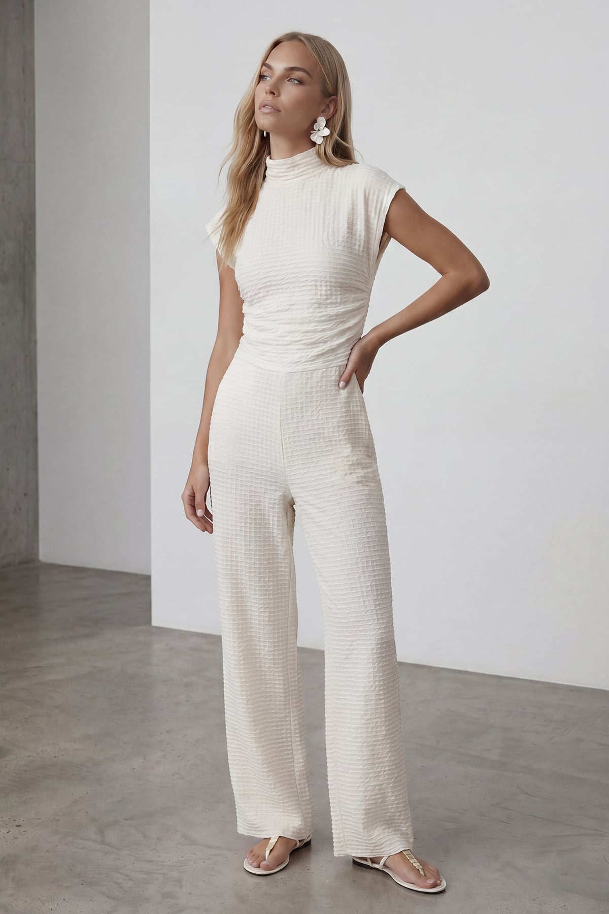 Kadın Ekru Dik Yaka Dokulu Yanları Drapeli Crop Bluz Ve Geniş Paça Pantolon Takım Alc-X13411
