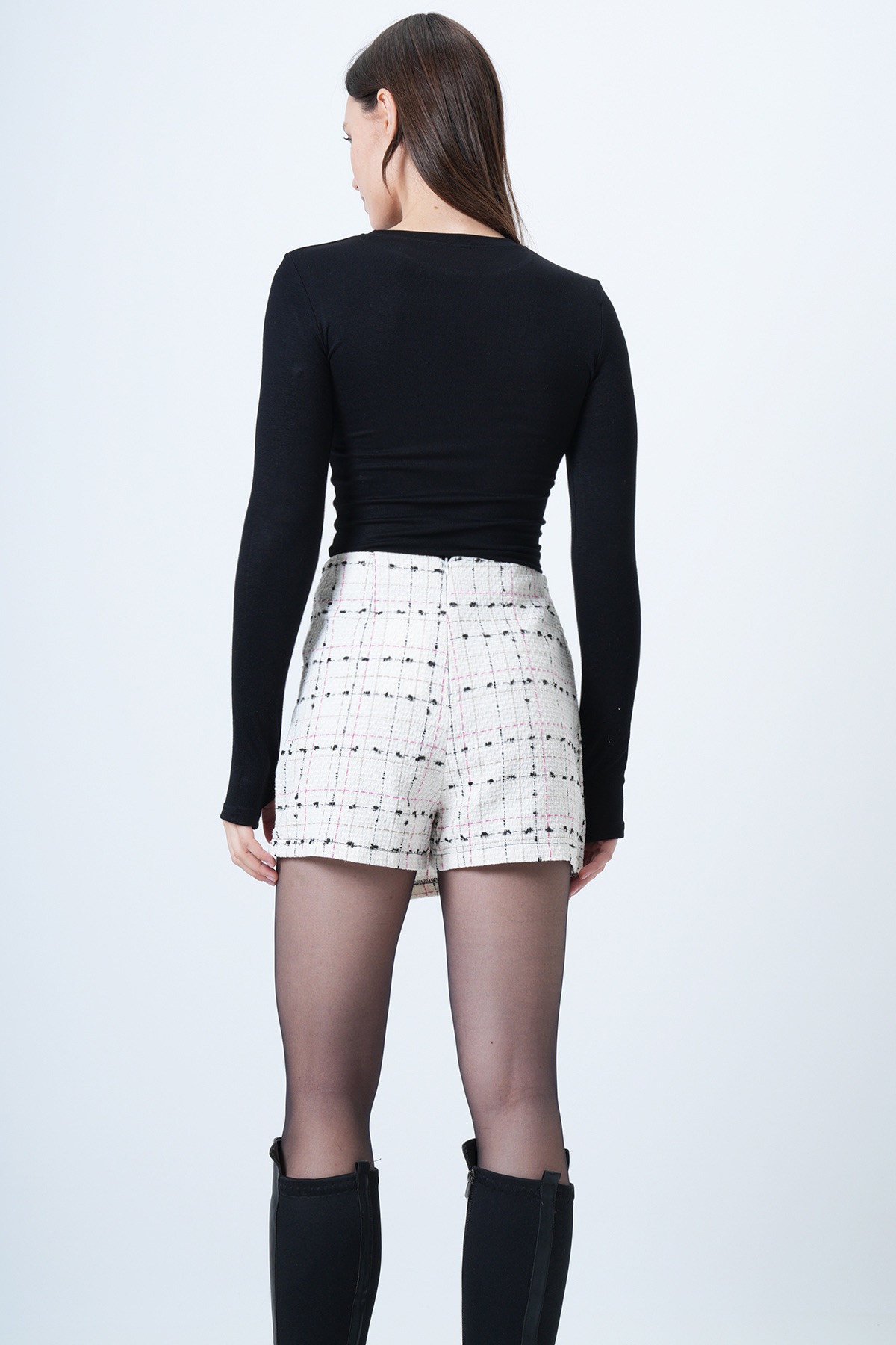 Kadın EKRU Ekose Desenli Tweed Şort Etek VS01555