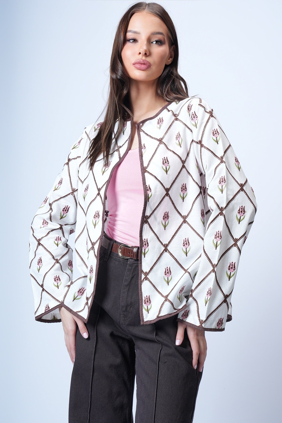 Kadın Ekru Kahve Çiçek Desenli Biyeli Dokuma Ceket Alc-X14934