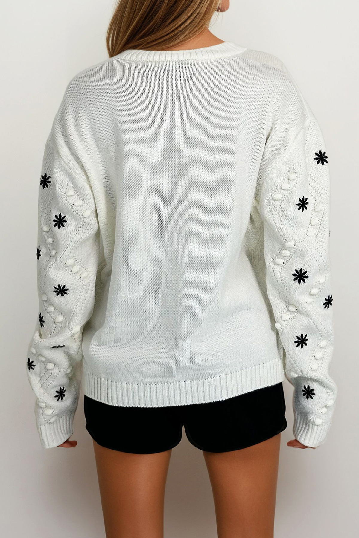 Kadın EKRU Nakışlı Triko Kazak PRM1176