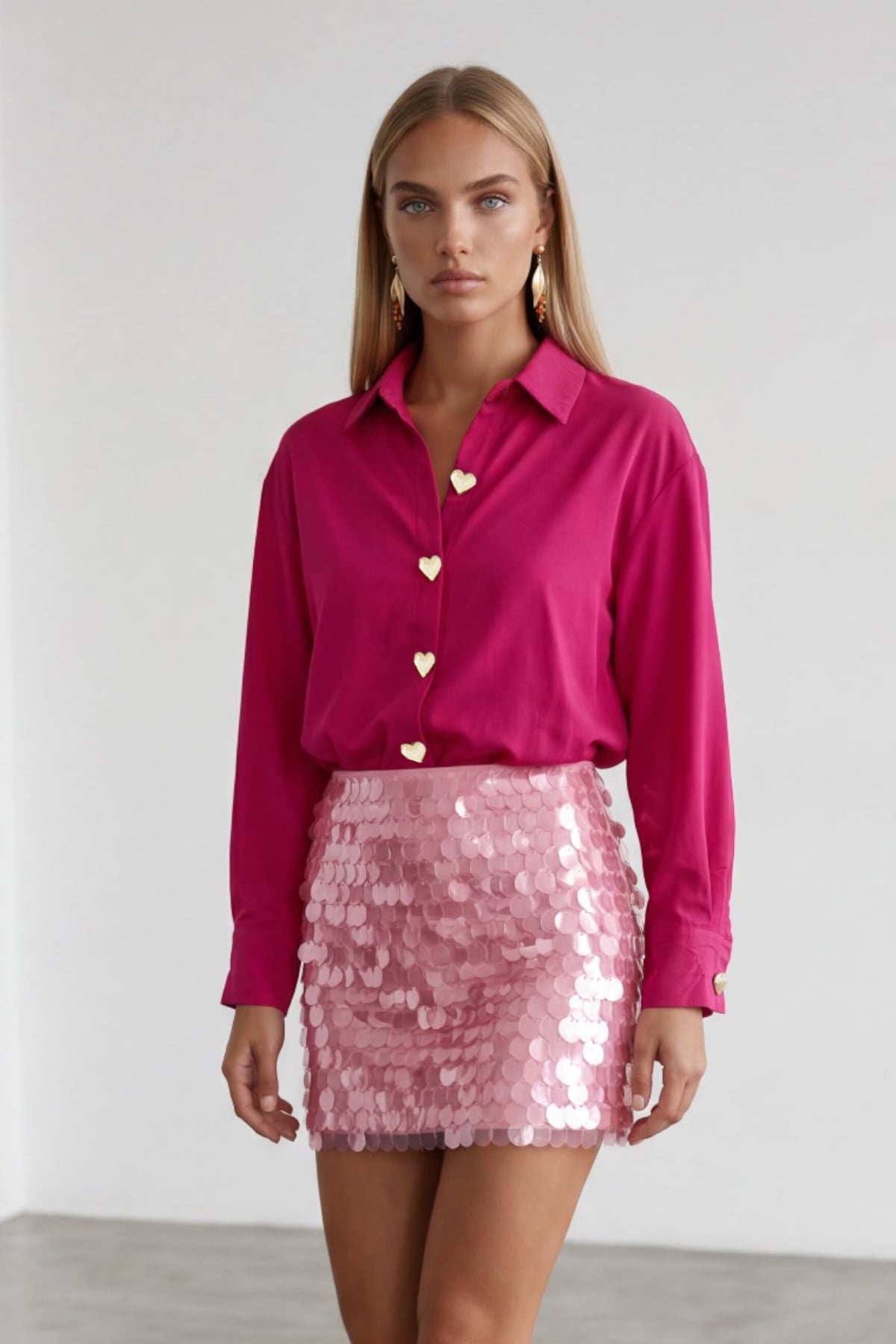 Kadın Fuşya Kalp Düğmeli Oversize Poplin Gömlek Alc-X13935