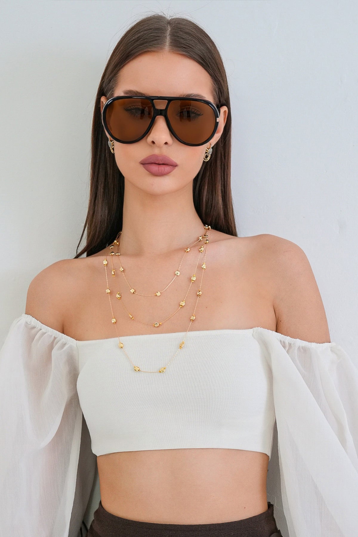 Kadın Gold 3 Lü Zincir Ezme Boncuklu Çelik Kolye Seti Alc-X15357
