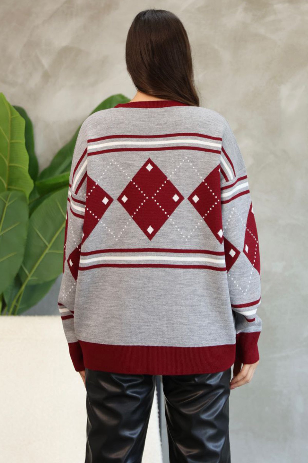 Kadın Gri Bisiklet Yaka Baklava Desenli Triko Kazak Alc-X14742