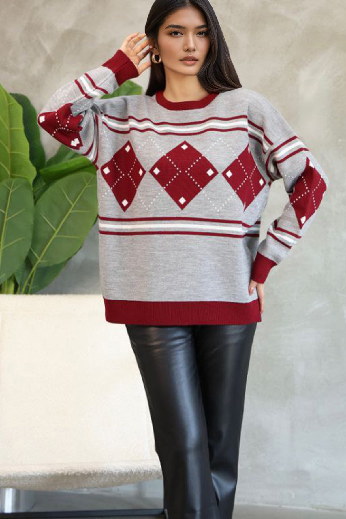 Kadın Gri Bisiklet Yaka Baklava Desenli Triko Kazak Alc-X14742