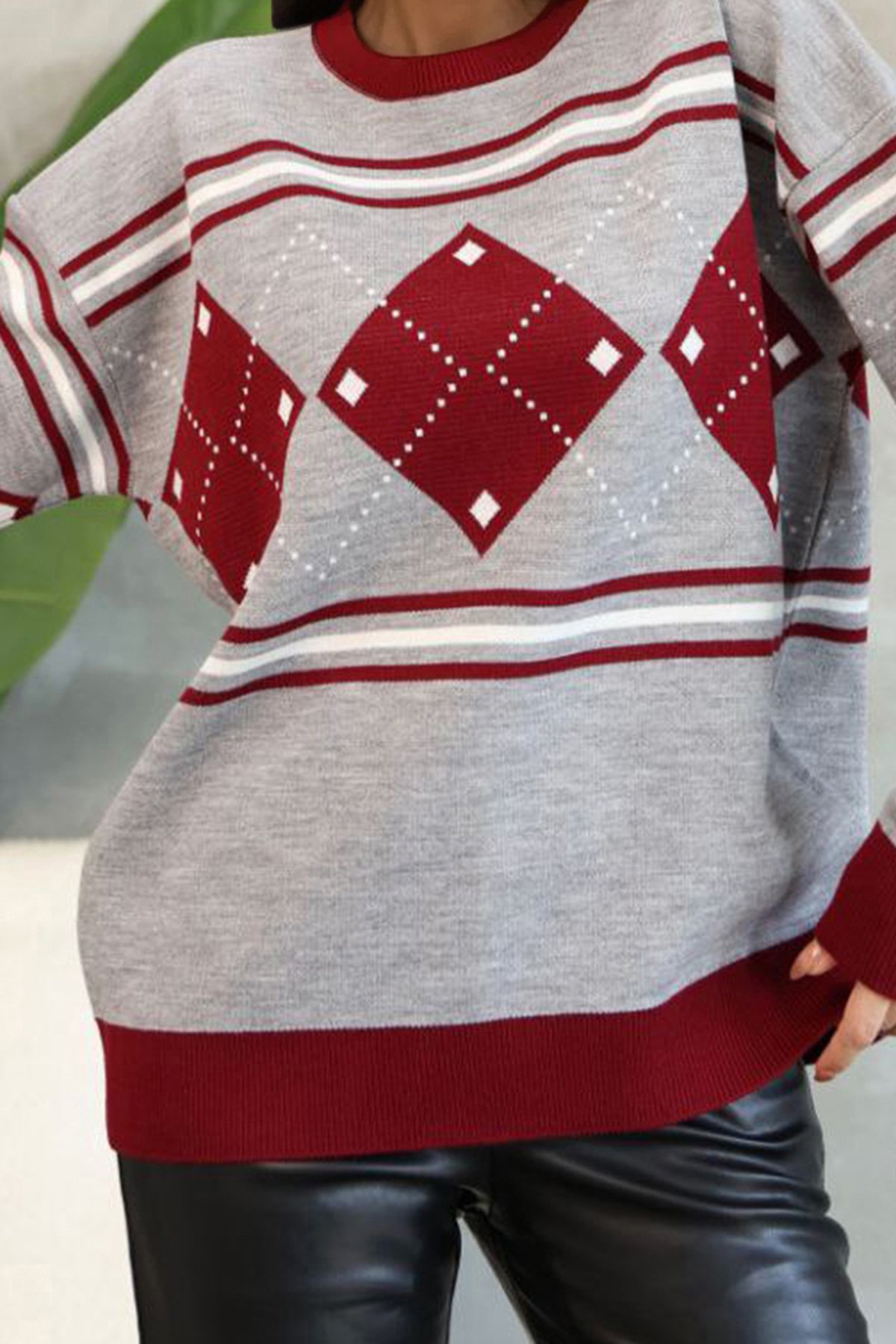 Kadın Gri Bisiklet Yaka Baklava Desenli Triko Kazak Alc-X14742