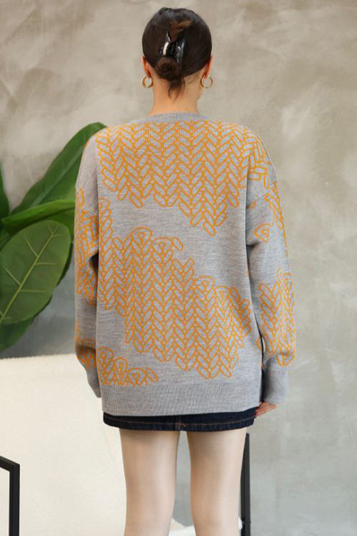 Kadın Gri Bisiklet Yaka Desenli Triko Kazak Alc-X14741