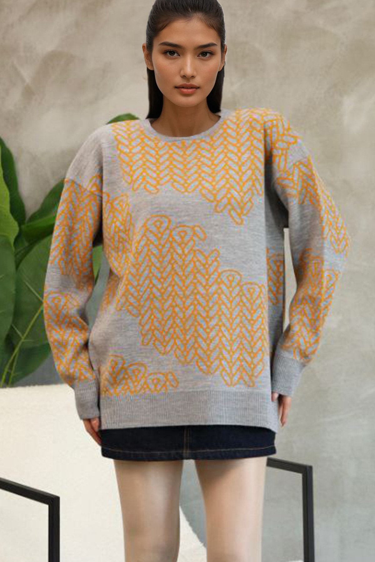 Kadın Gri Bisiklet Yaka Desenli Triko Kazak Alc-X14741