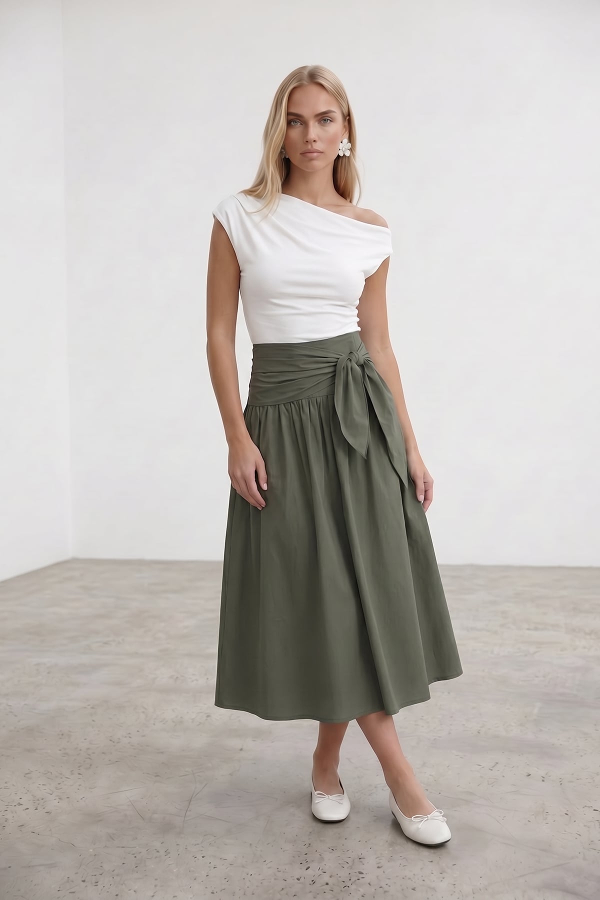 Kadın Haki Beli Bağlamalı Fermuarlı İçi Astarlı Midi Poplin Etek Alc-X15519