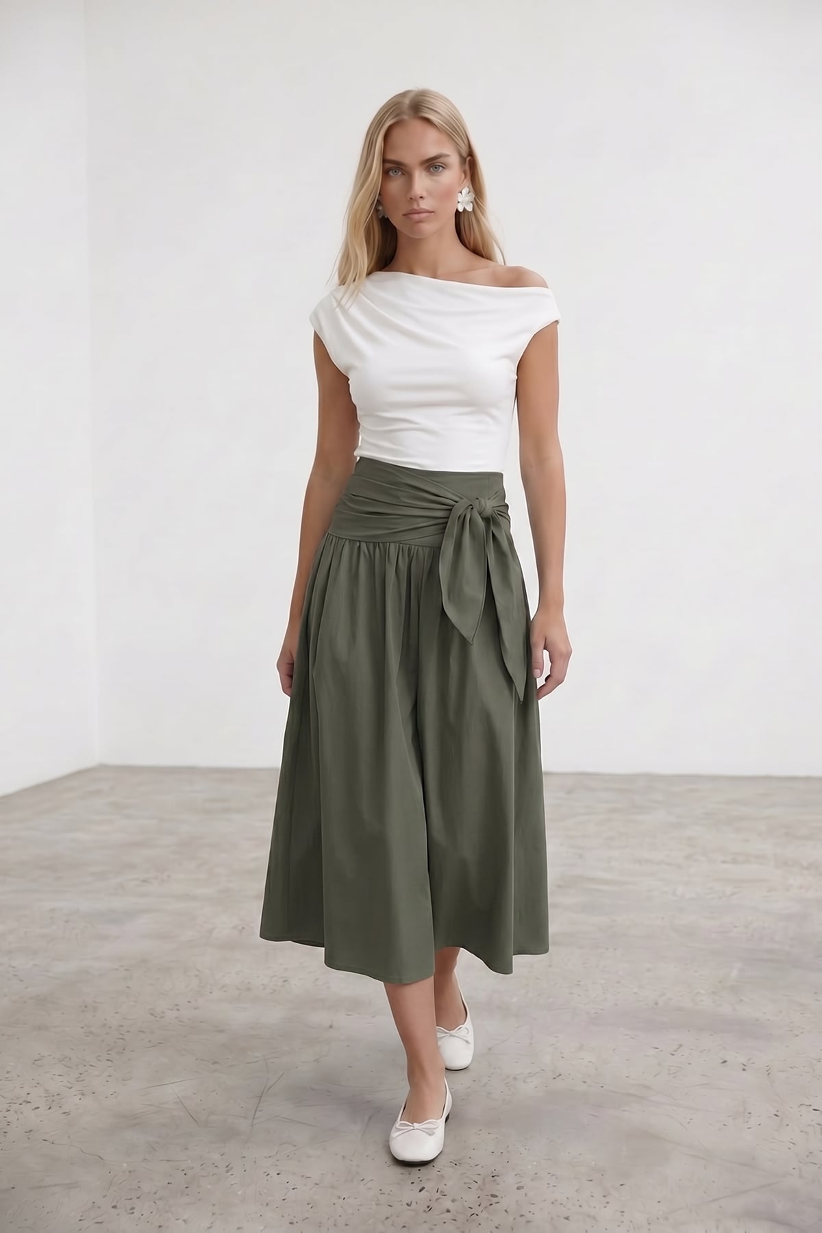 Kadın Haki Beli Bağlamalı Fermuarlı İçi Astarlı Midi Poplin Etek Alc-X15519