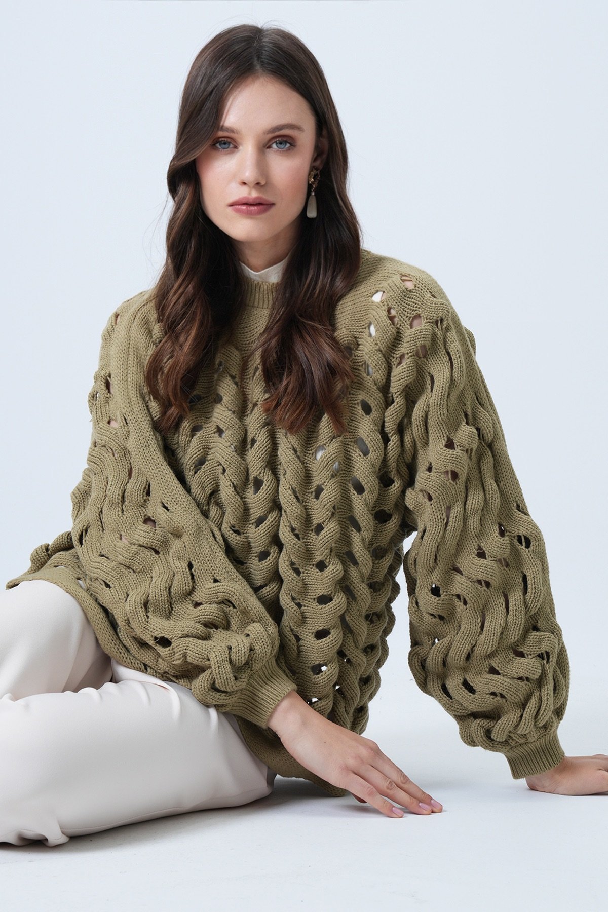 Kadın HAKİ Bisiklet Yaka Ajurlu Triko Kazak VS01460