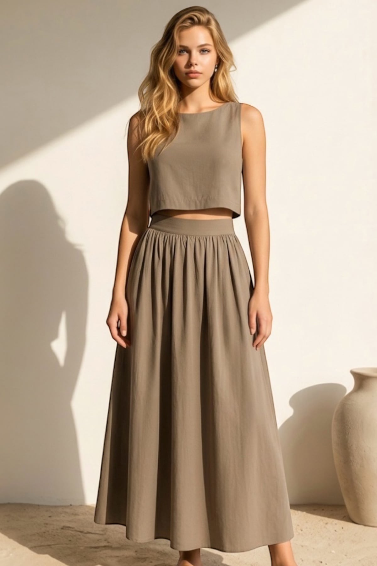 Kadın Haki Kayık Yaka Kolsuz Keten Crop Bluz Ve Maxi Boy Etek Takım Alc-X15420