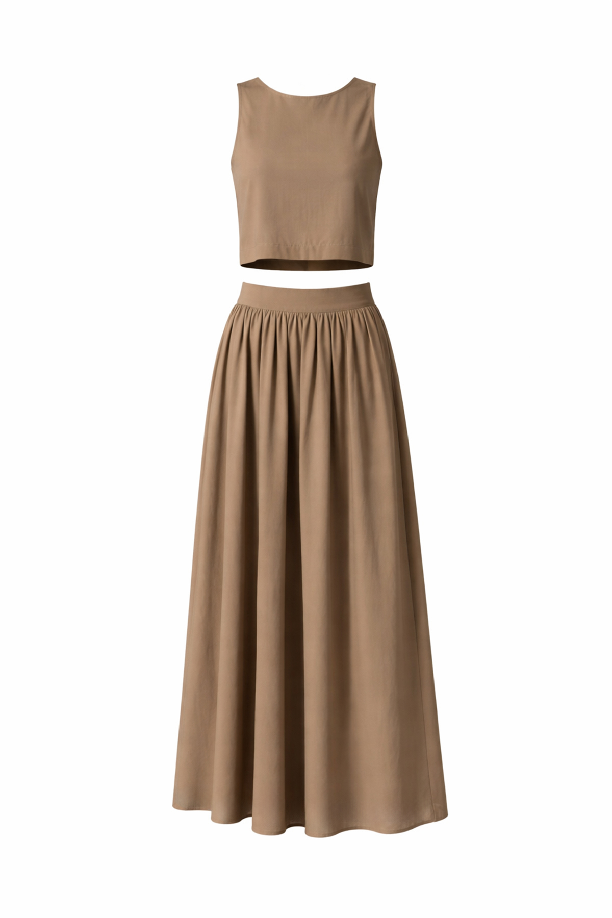 Kadın Haki Kayık Yaka Kolsuz Keten Crop Bluz Ve Maxi Boy Etek Takım Alc-X15420