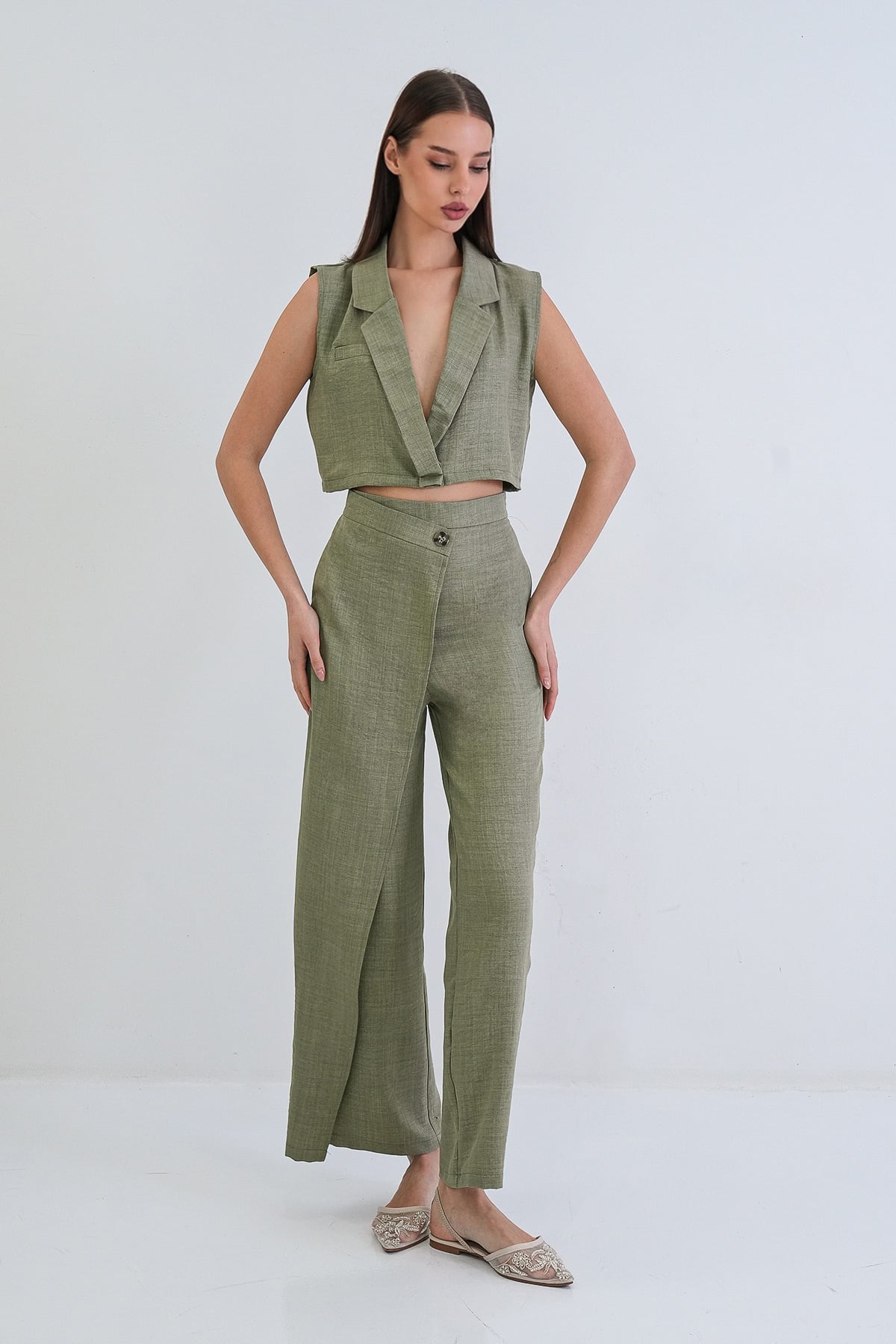 Kadın Haki Keten Yelek Ve Anvelop Kesim Yüksek Bel Fermuarlı  Pantolon Takım Alc-X15300