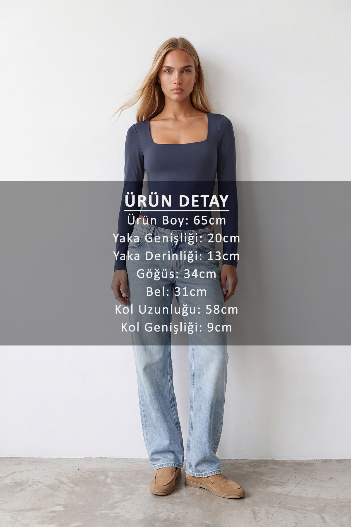 Kadın İndigo Kare Yaka Tulumlu Alttan Çıtçıtlı Bodysuit Alc-X14390