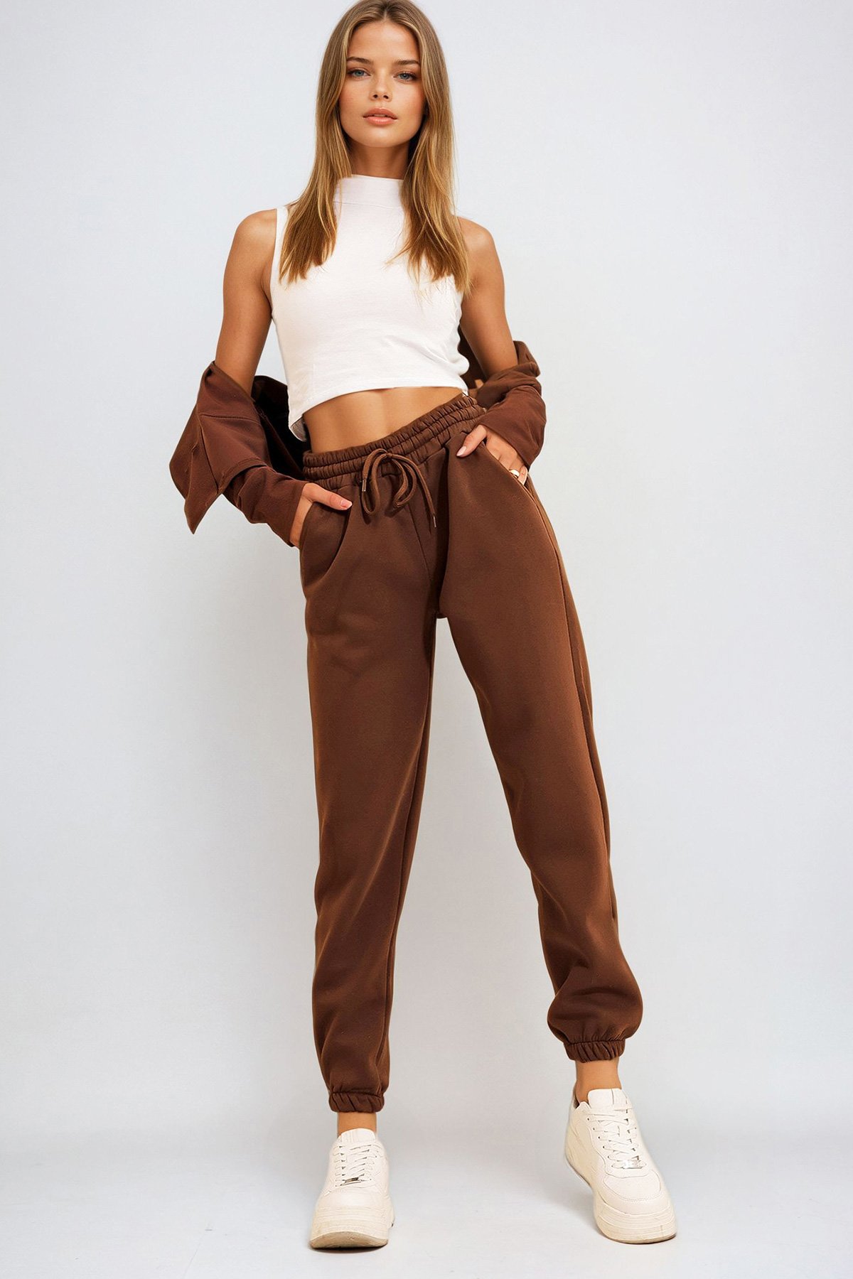 Kadın KAHVE 3 İplik İçi Şardonlu Jogging Eşofman Altı PRM1333