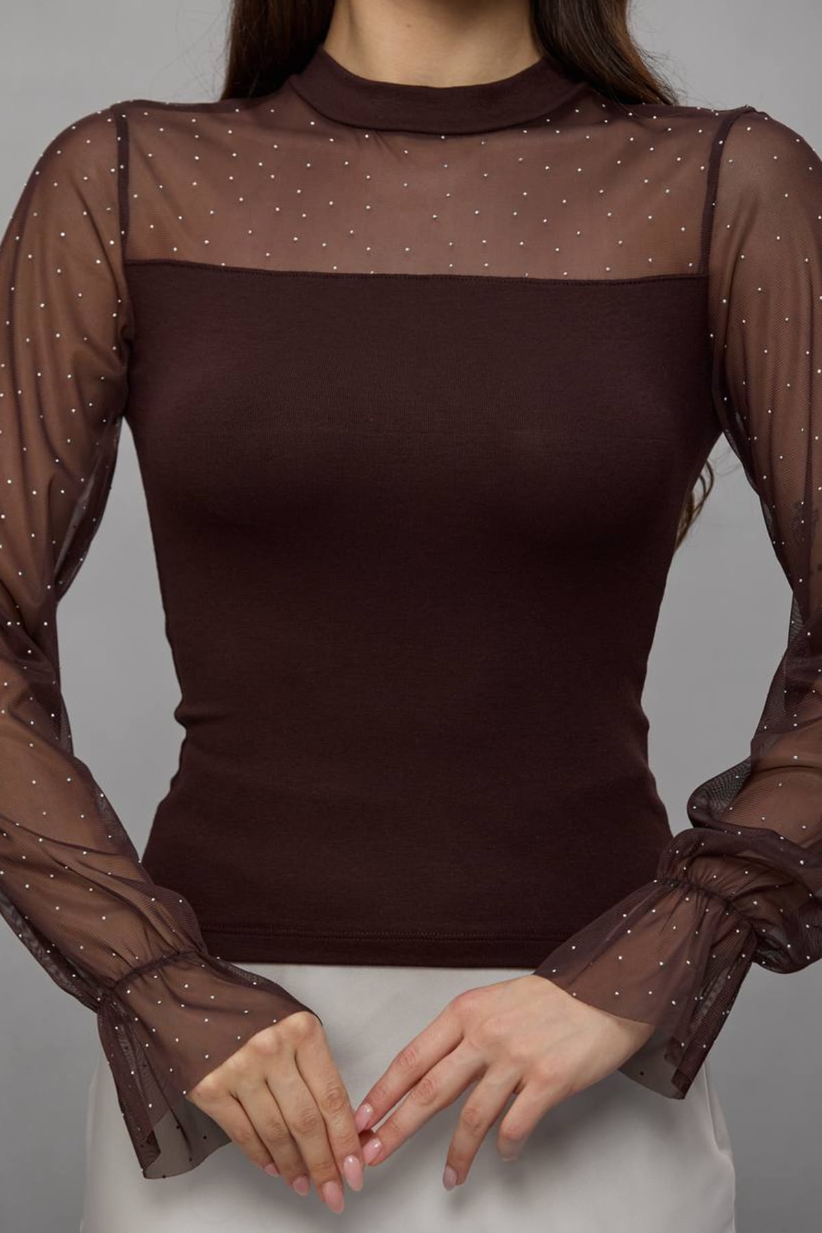 Kadın Kahve Dik Yaka Taş İşlemeli Dantel Detaylı Örme Bluz Alc-X14898