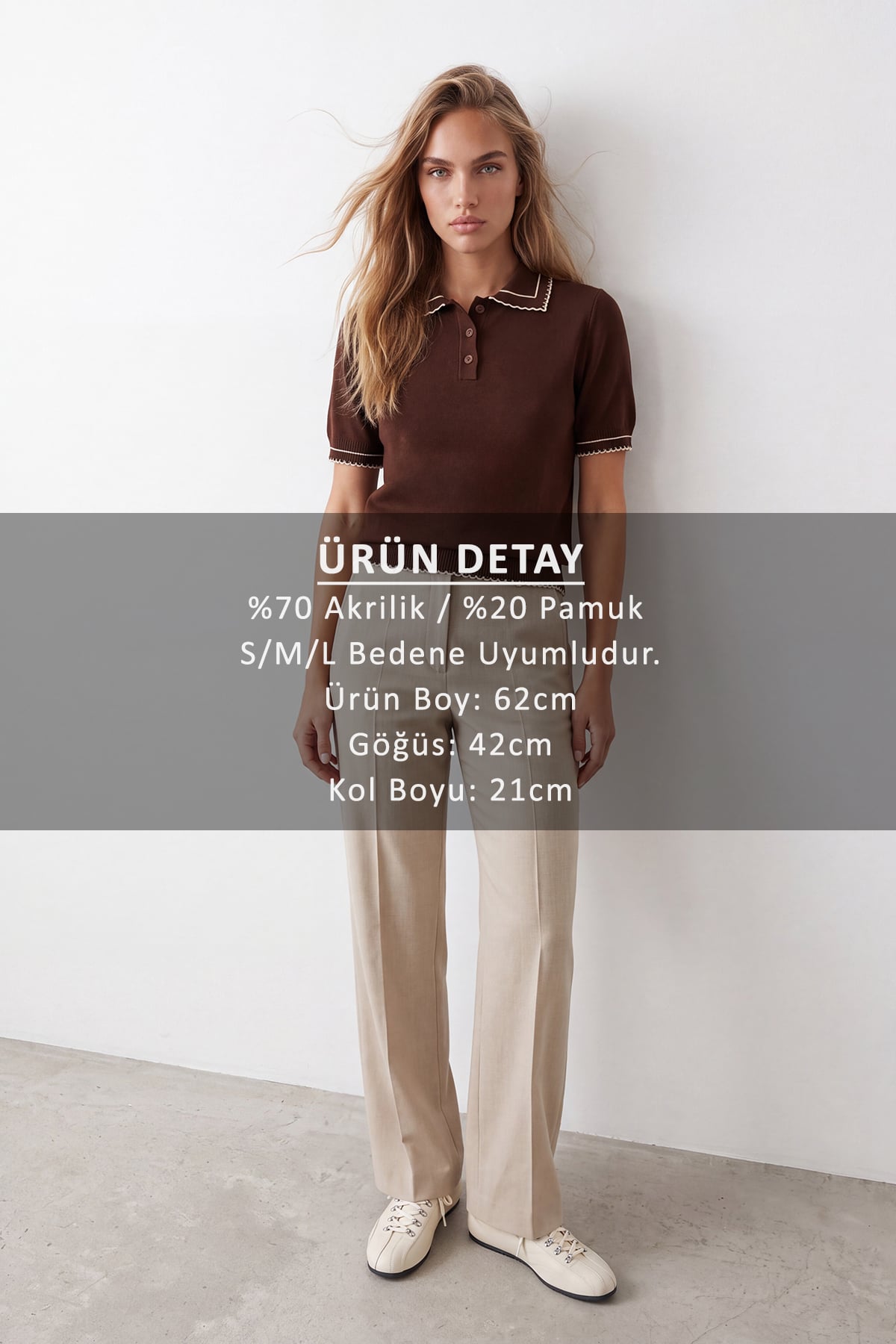 Kadın Kahve Polo Yaka Düğmeli  Triko Bluz Alc-X15771