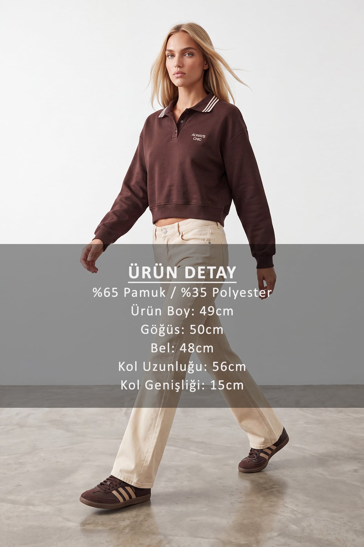 Kadın Kahve Ribana Polo Yakalı Nakış Detaylı Şardonlu Üç İplik Sweatshirt Alc-X15960
