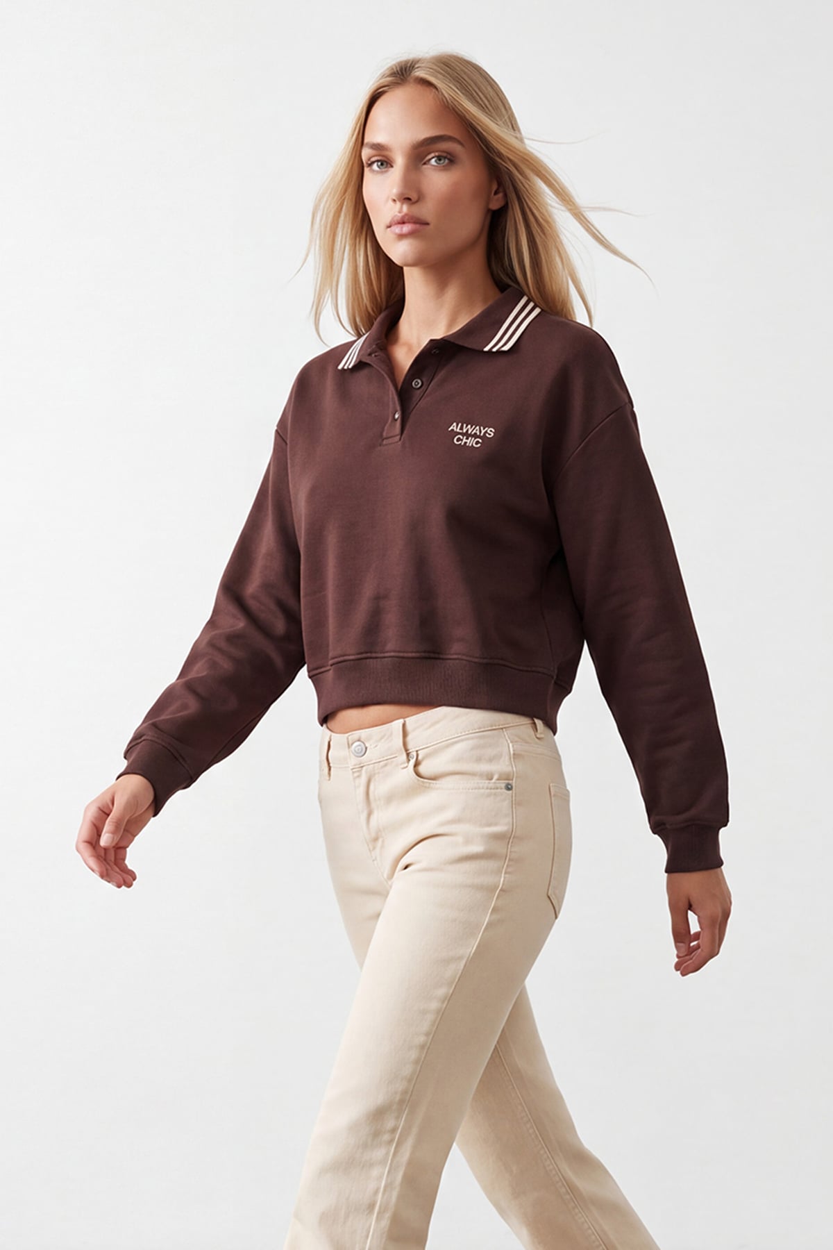 Kadın Kahve Ribana Polo Yakalı Nakış Detaylı Şardonlu Üç İplik Sweatshirt Alc-X15960