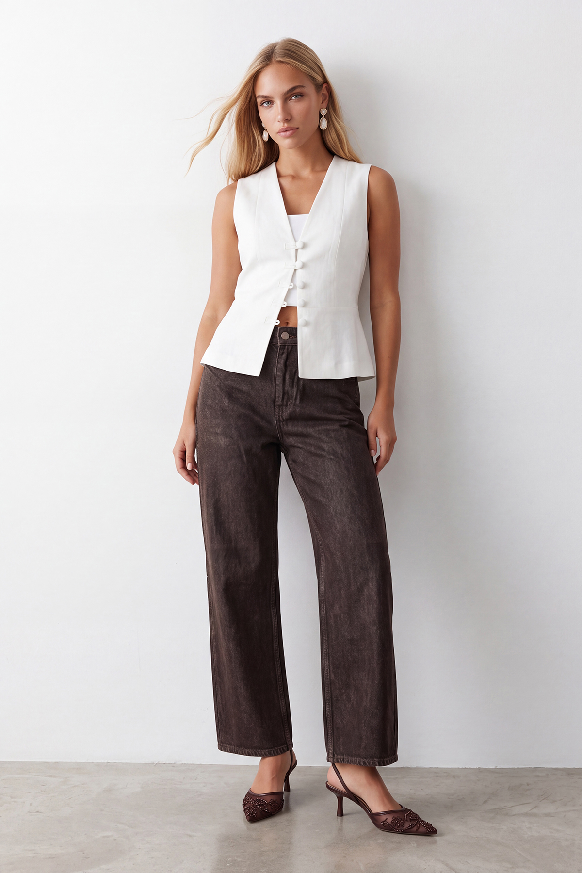 Kadın Kahve Yüksek Bel Parlak Kaplamalı Wide Leg Pantolon Alc-X15813