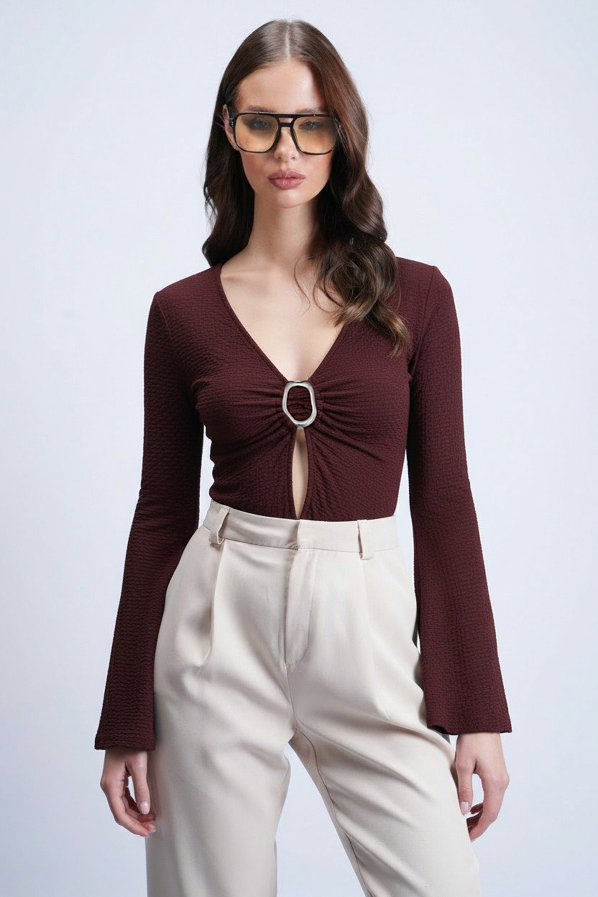 Kadın Kahverengi Aksesuar Detaylı İspanyol Kol Dokulu Bluz Alc-X15246