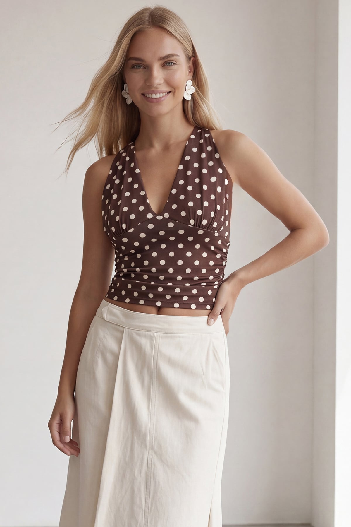 Kadın Kahverengi Askılı Drape Detaylı Puantiyeli Crop Bluz Alc-X15484