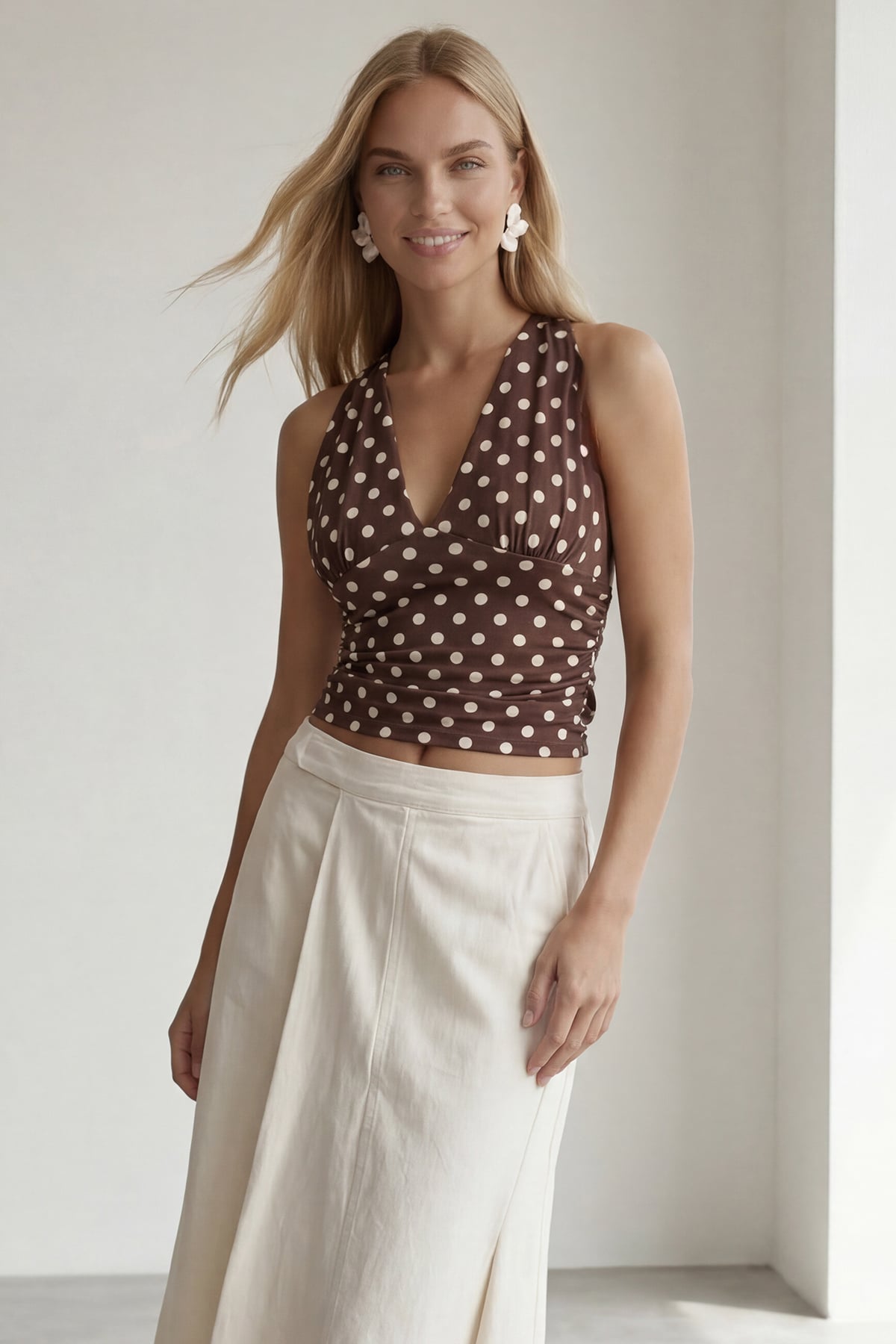 Kadın Kahverengi Askılı Drape Detaylı Puantiyeli Crop Bluz Alc-X15484