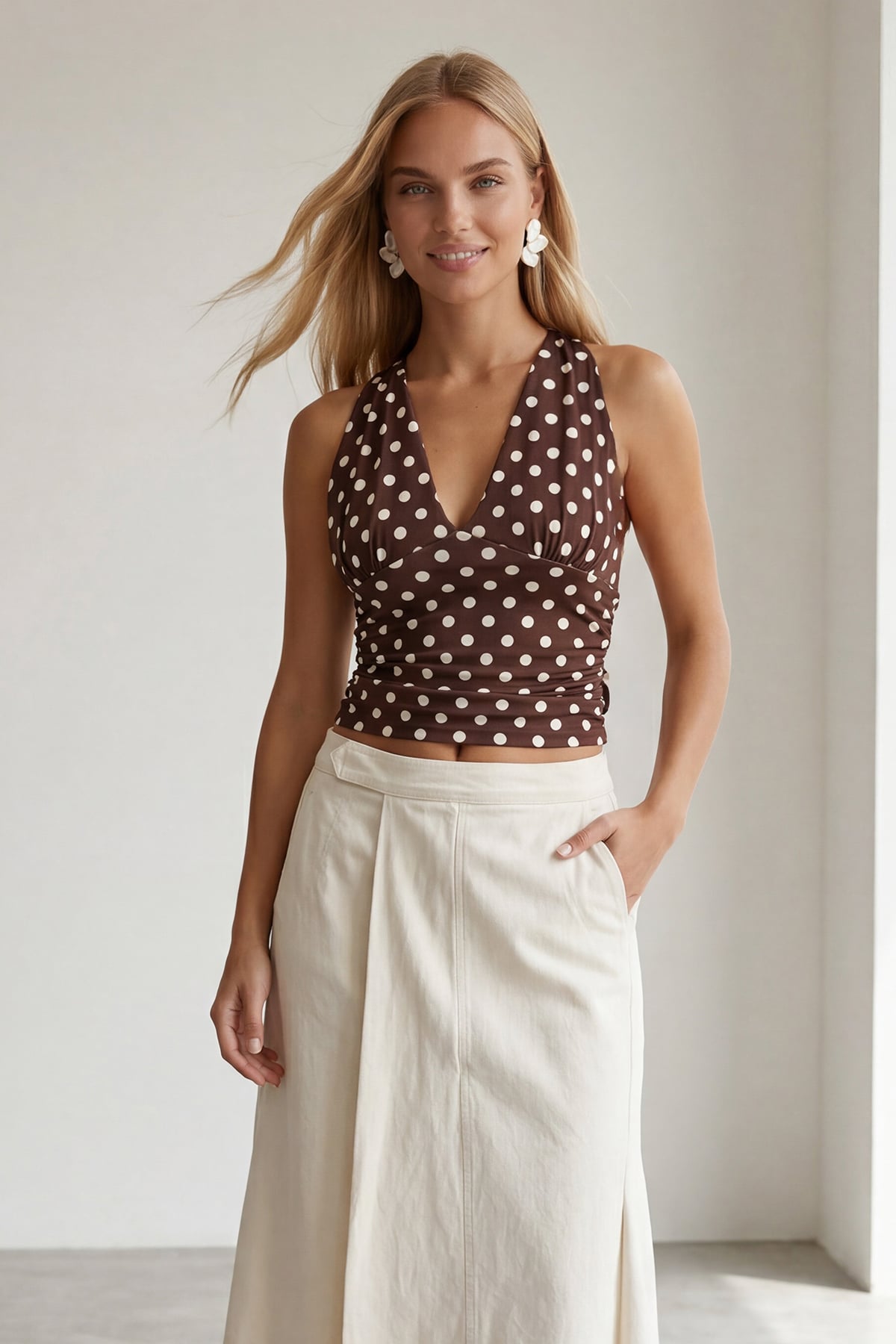 Kadın Kahverengi Askılı Drape Detaylı Puantiyeli Crop Bluz Alc-X15484