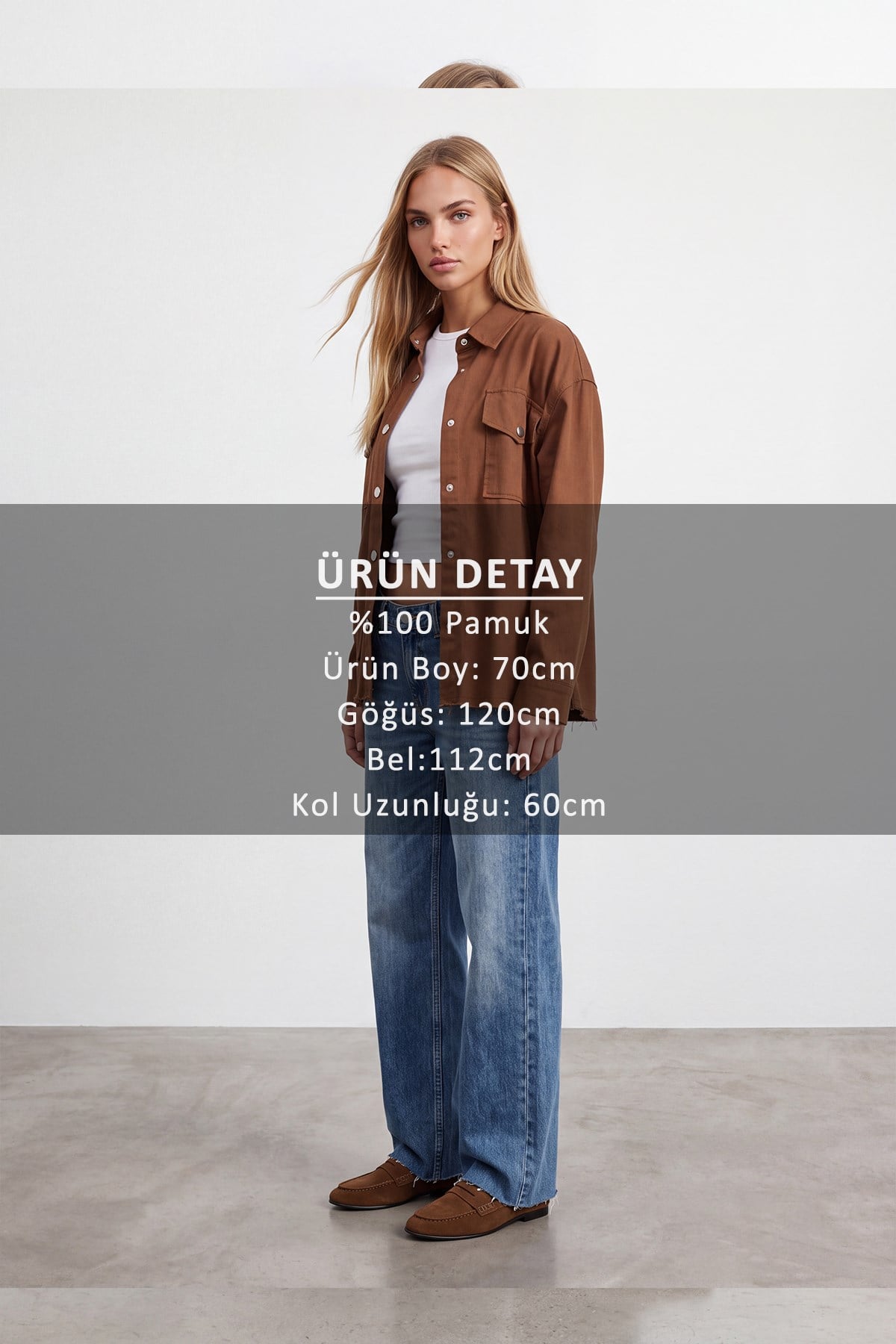 Kadın Kahverengi Çift Cepli Çıt Çıt Kapamalı Oversize Gömlek Gabardin Ceket VS01197