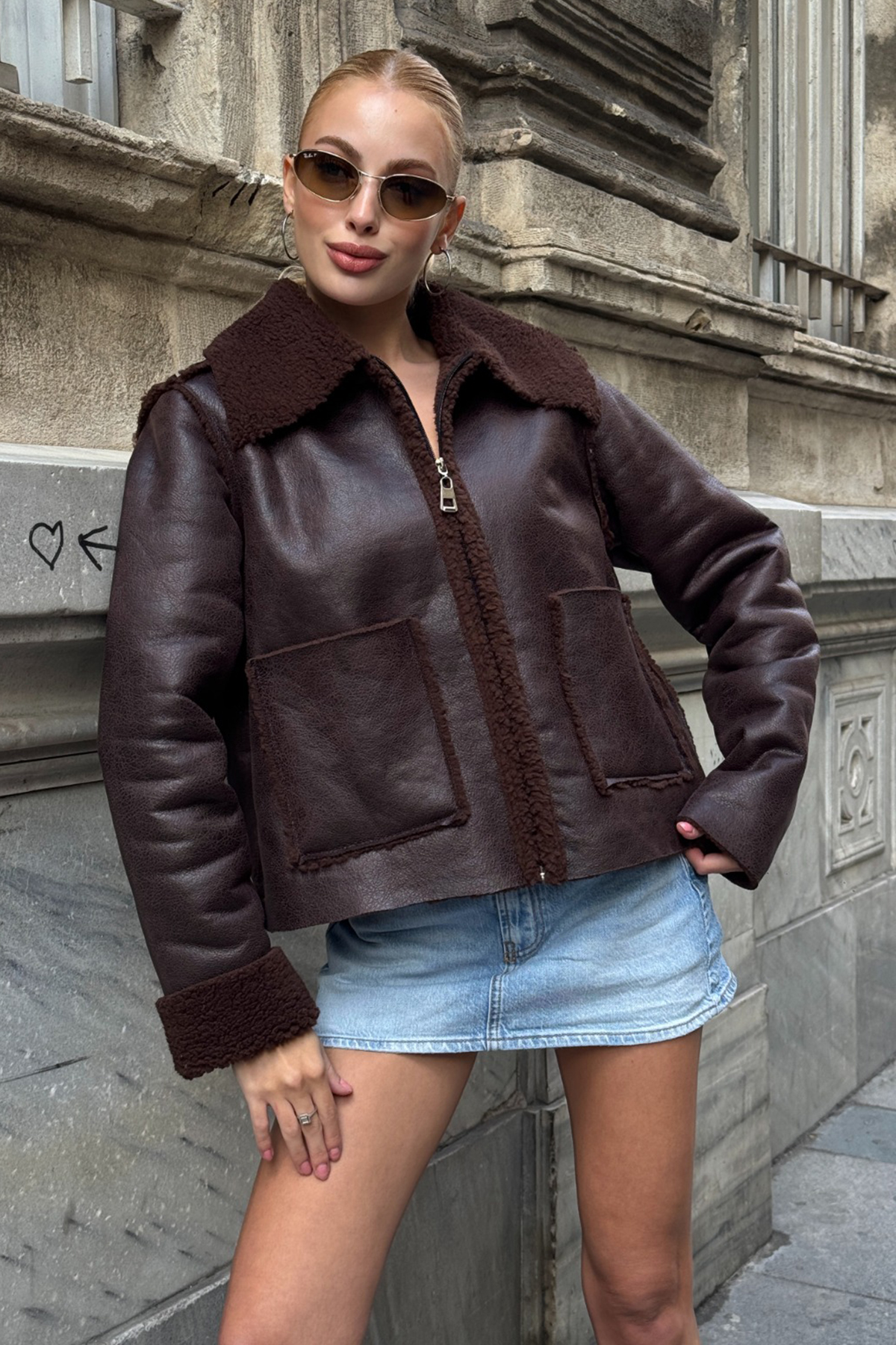 Kadın KAHVERENGİ Çift Cepli İçi Suni Kürklü Suni Deri Biker Ceket PRM0408
