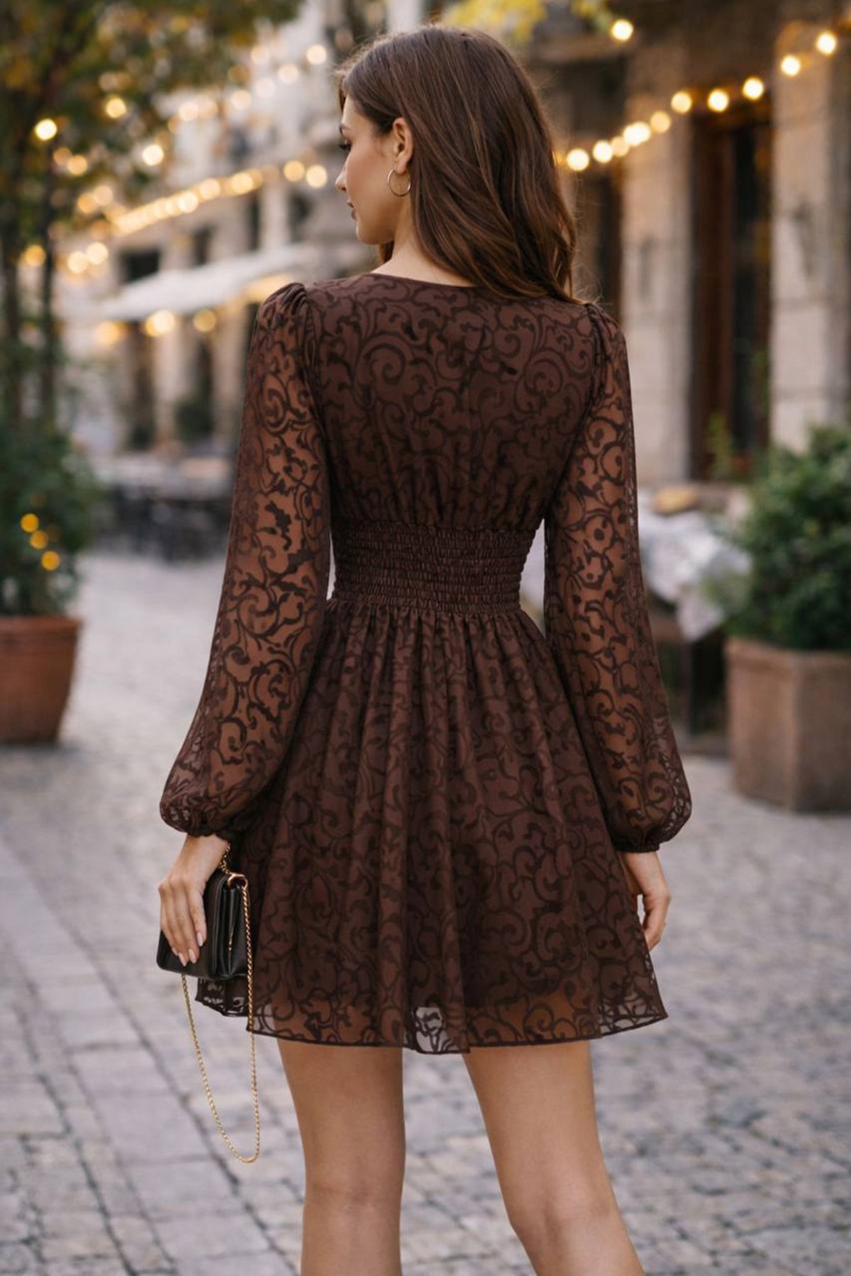 Kadın Kahverengi Derin V Yaka İçi Astarlı Dantel Elbise Alc-X15195