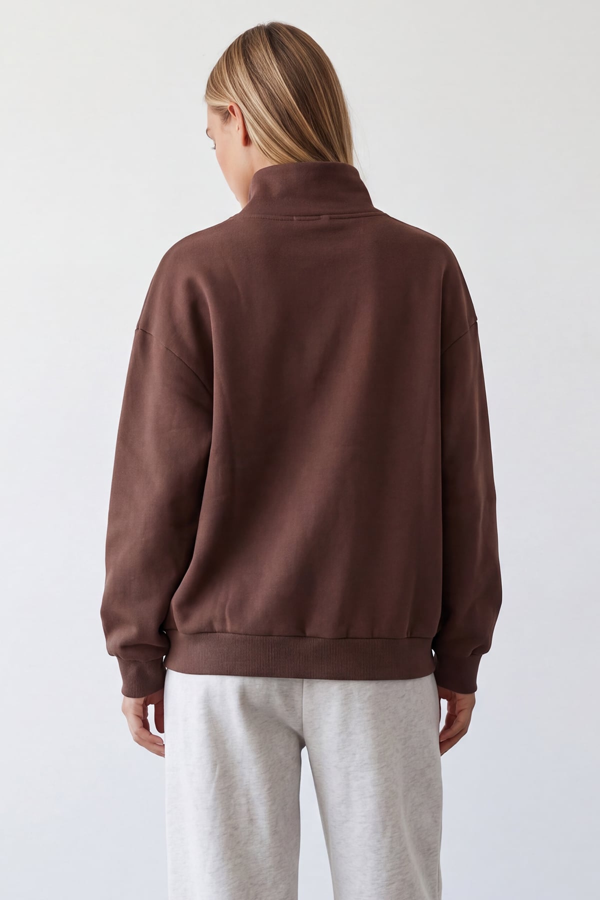 Kadın Kahverengi Dik Yaka Fermuarlı 3 İplik İçi Şardonlu Oversize Sweatshirt Alc-X15729