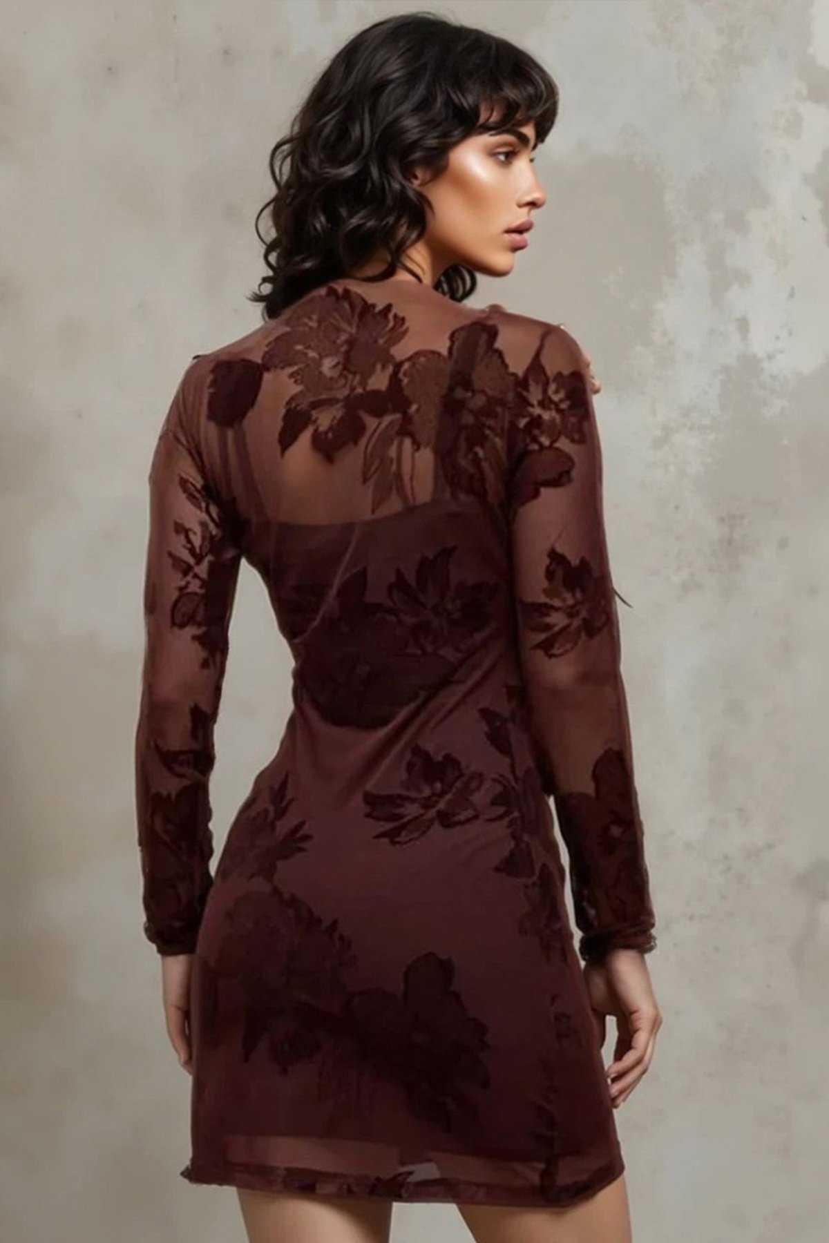 Kadın Kahverengi Dik Yaka İçi Askılı Örme Dışı Tül Mini Elbise Alc-X14951