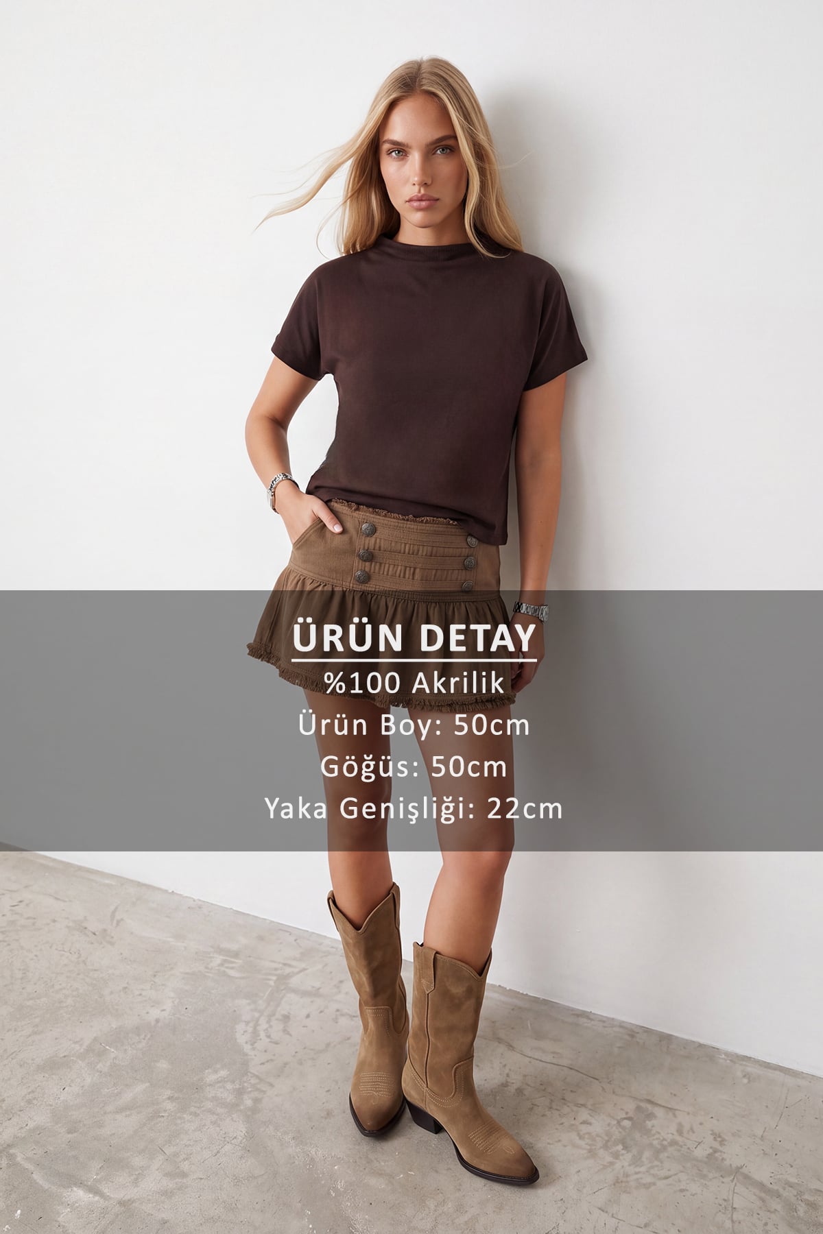 Kadın Kahverengi Dik Yaka Yarım Kol Triko Bluz Alc-X14628