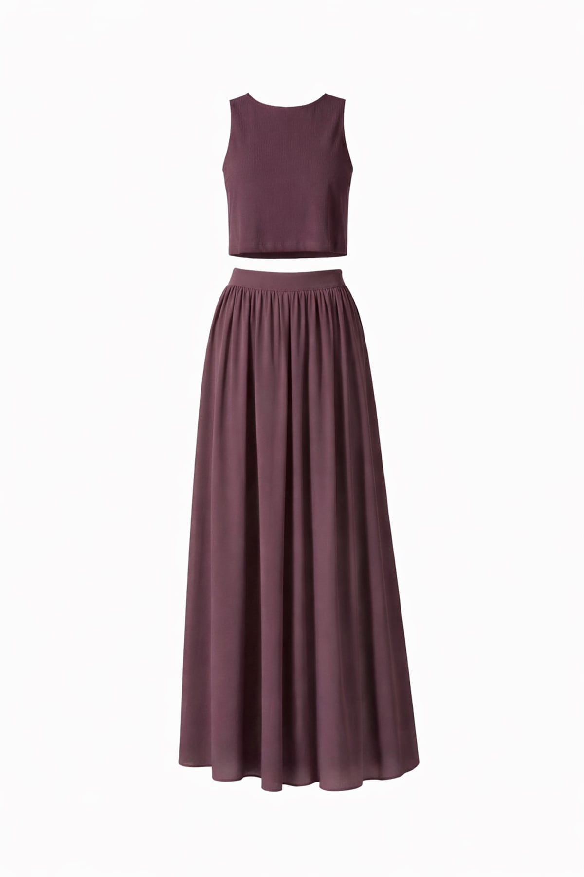 Kadın Kahverengi Kayık Yaka Kolsuz Keten Crop Bluz Ve Maxi Boy Etek Takım Alc-X15420